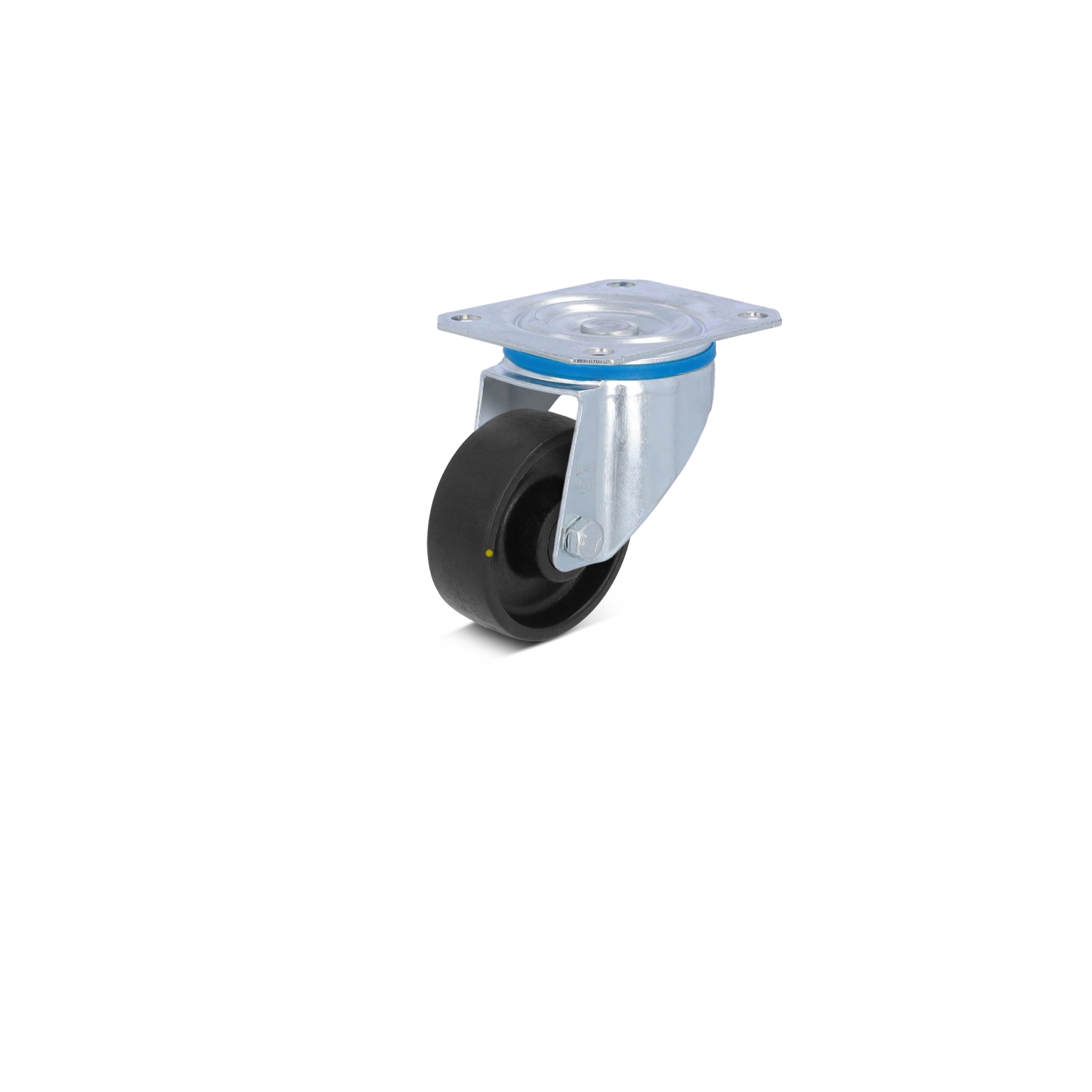Zwarte rol met een metalen plaatbevestiging. De rol is voorzien van een blauwe rand en bevindt zich in een neutrale omgeving. Het ontwerp is geschikt voor zware toepassingen in intralogistiek.