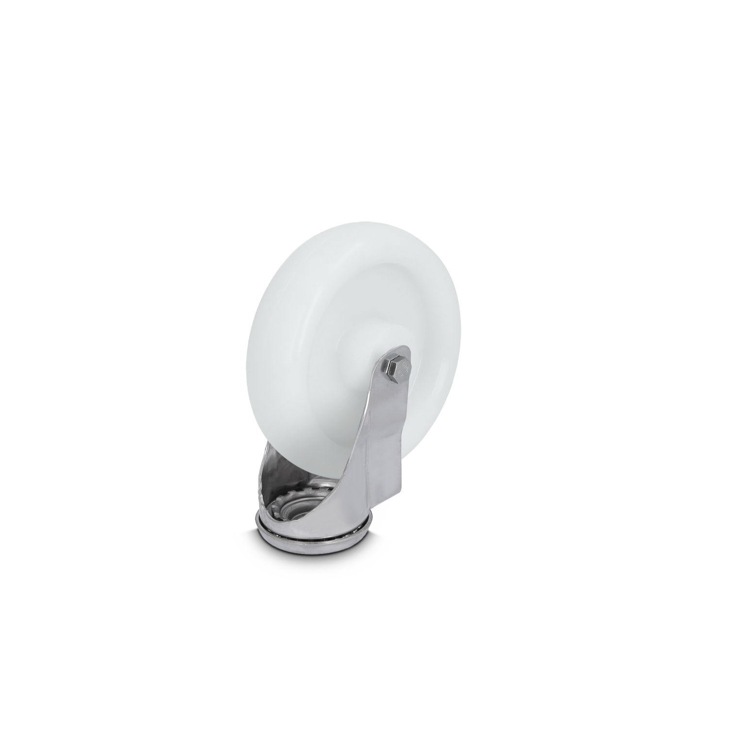 A white industrial wheel is mounted on a shiny metal bracket, featuring a smooth surface and circular shape. It is positioned upright against a minimalistic, contrasting colored background.