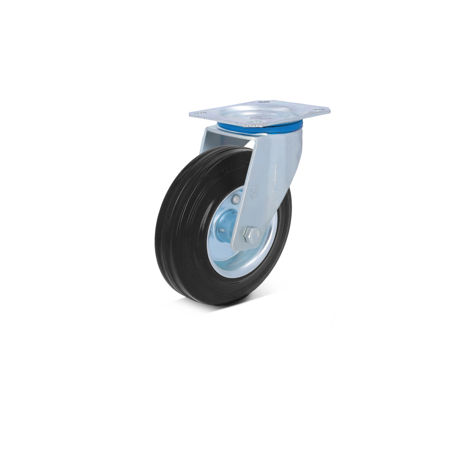 Zelfs een rubberen zwenkwiel met een metalen montagesteun. Het wiel is zwart, heeft een blauwe ring en is zich in een rechtopstaande positie. De achtergrond is eenvoudig en wit.