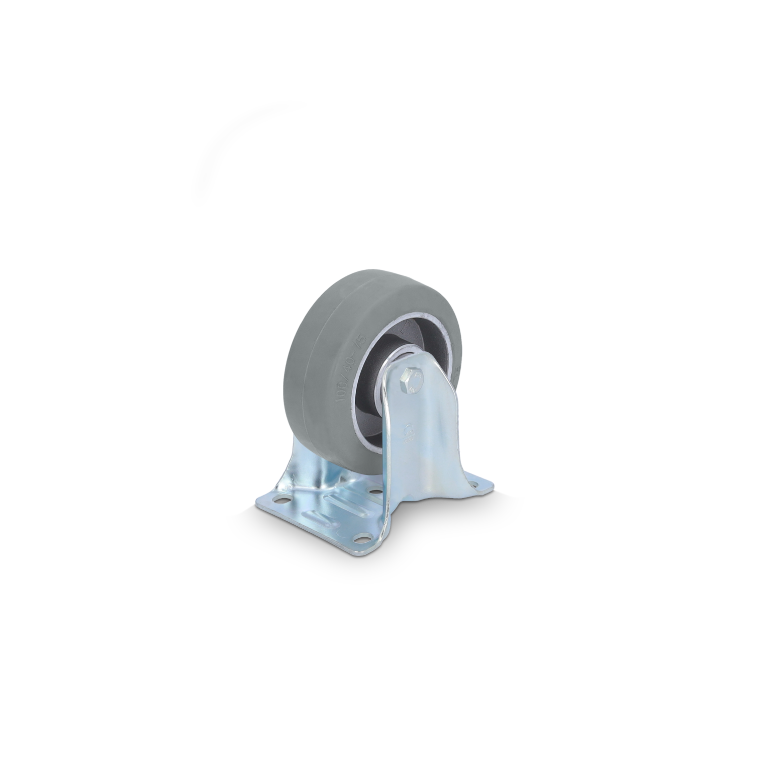 Ein grauer Gummirollen-Bock mit kugelgelagerter Achse ist montiert auf einer verchromten Metallplatte. Die Rolle ist in einer neutralen Umgebung positioniert, ideal für industrielle Anwendungen.