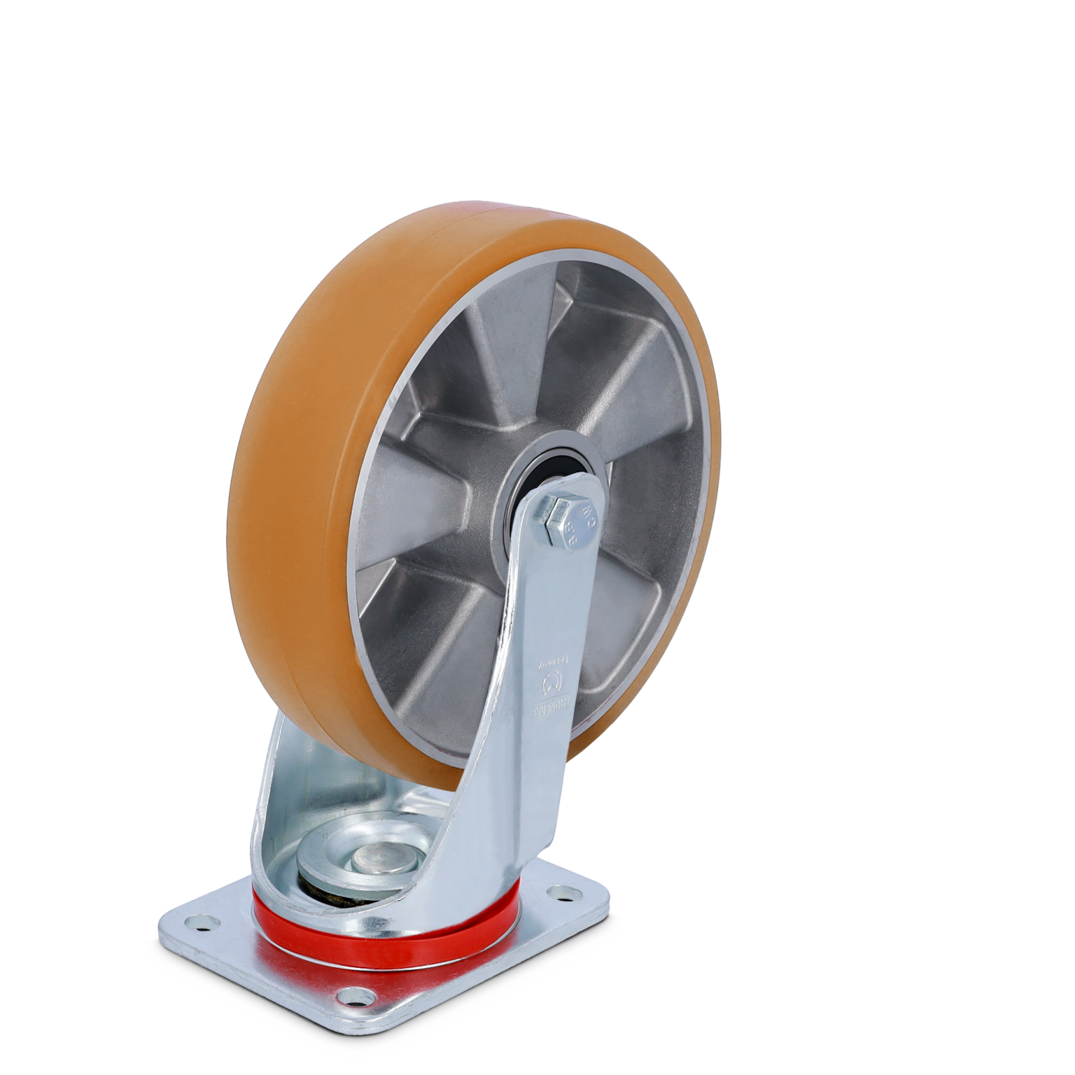 A heavy-duty industrial wheel features a smooth, orange polyurethane tread on a silver metal hub. It is mounted on a robust metallic bracket with a red accent, suitable for material handling applications.