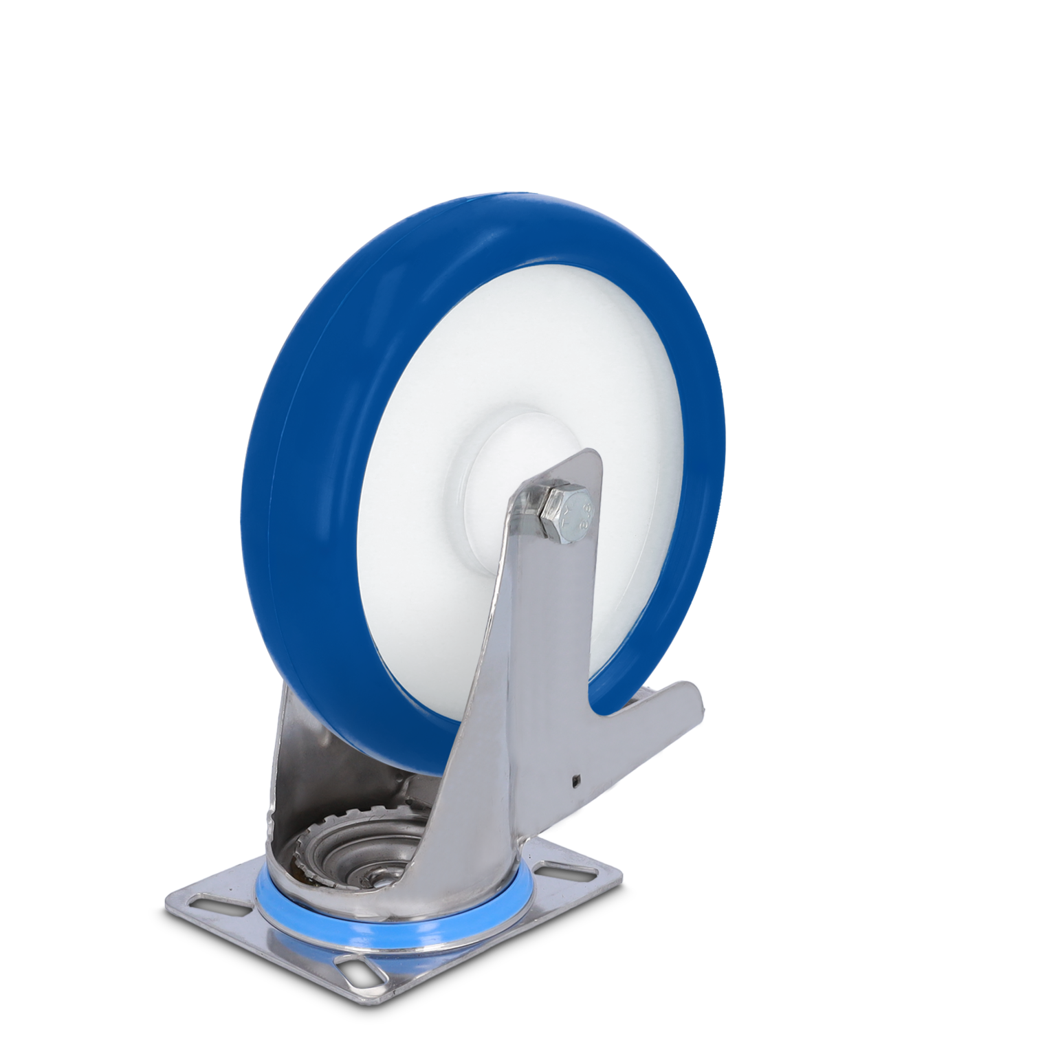 Een blauwe industriewiel met een witte kern is gemonteerd op een metalen bevestigingsplaat. Het wiel is uitgevoerd met een roestvrijstalen bevestigingsbeugel voor stabiliteit.