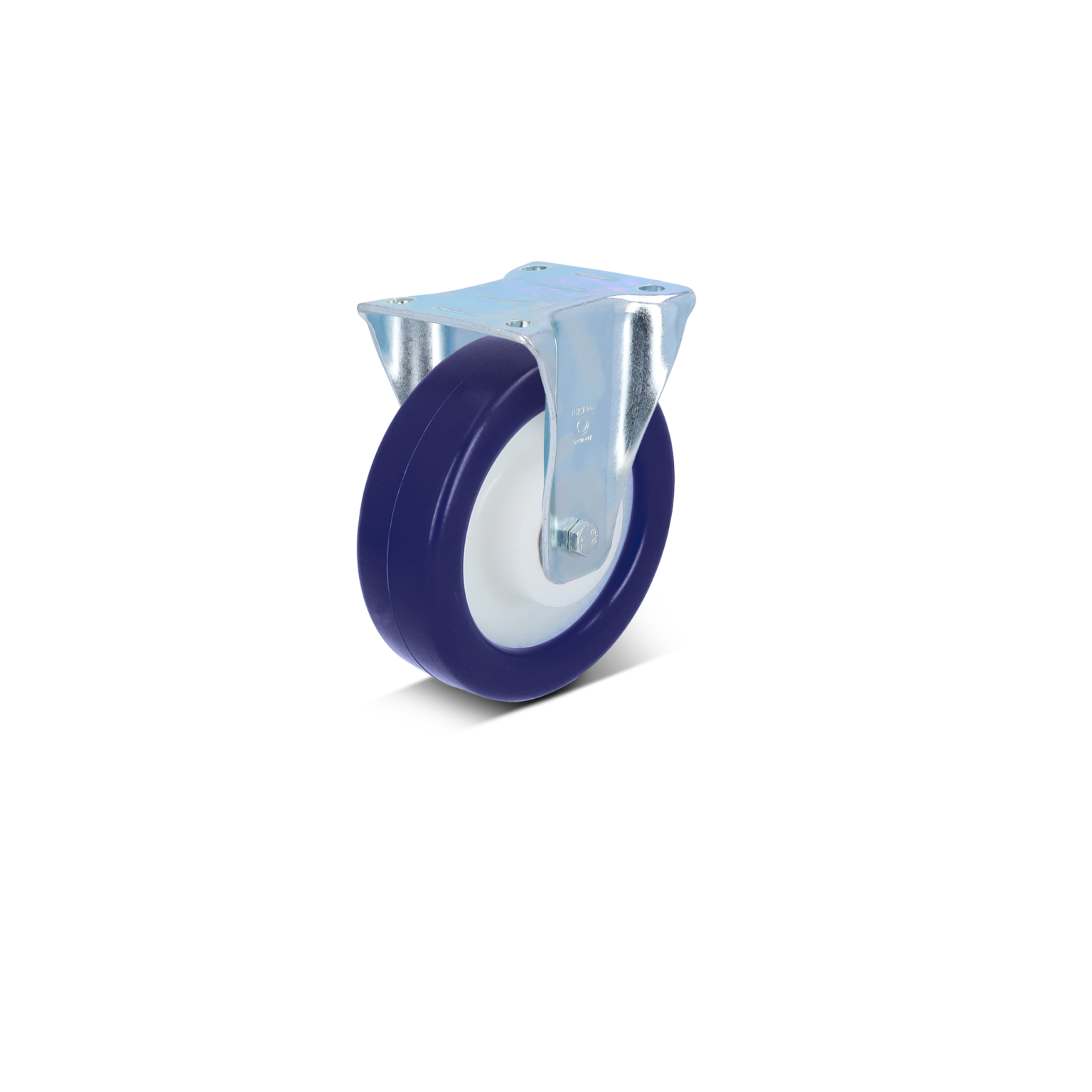 Gummirad mit einem metallenen Befestigungsclip. Das Rad hat einen violetten äußeren Ring und einen weißen inneren Kern. Der Clip ist glänzend und gut verarbeitet. Hintergrund ist einfarbig schwarz.