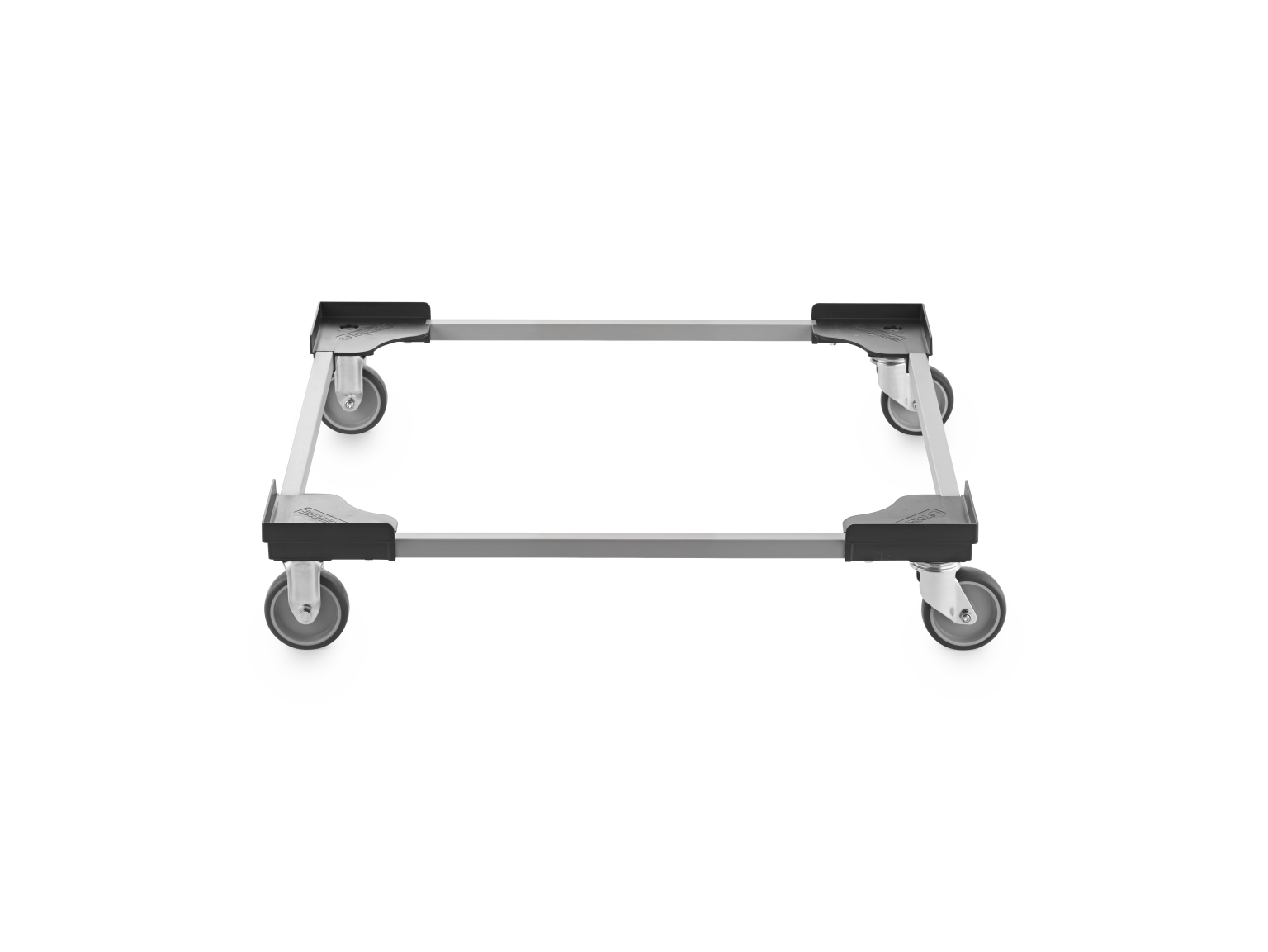 A rectangular transport trolley frame with four swivel castors at each corner. The frame is made of metal, featuring four supporting bars and plastic corner attachments. The background is blank.