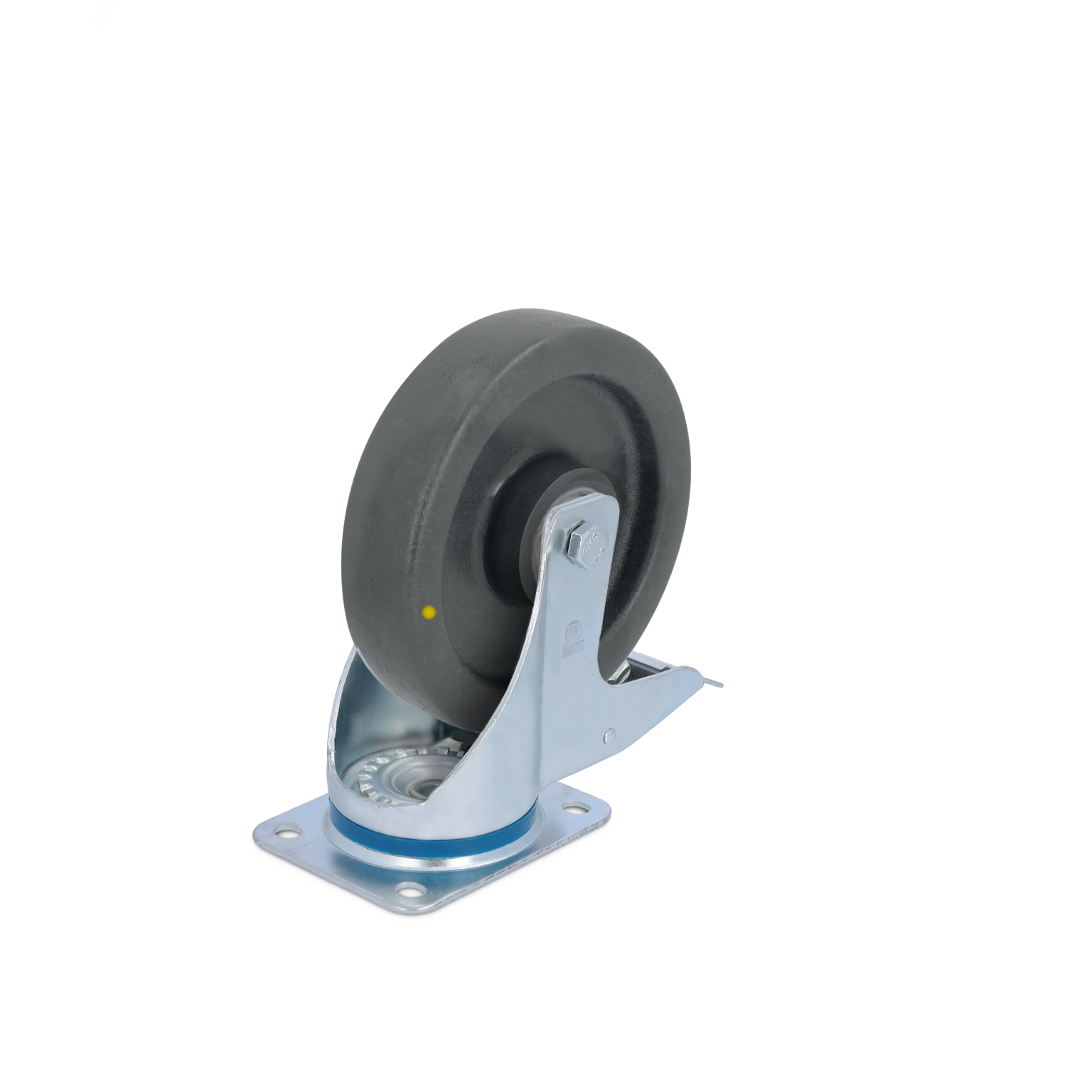 A black rubber wheel mounted on a silver metallic swivel bracket with a circular bearing. The mounting plate has four holes for installation. The background is plain and neutral.