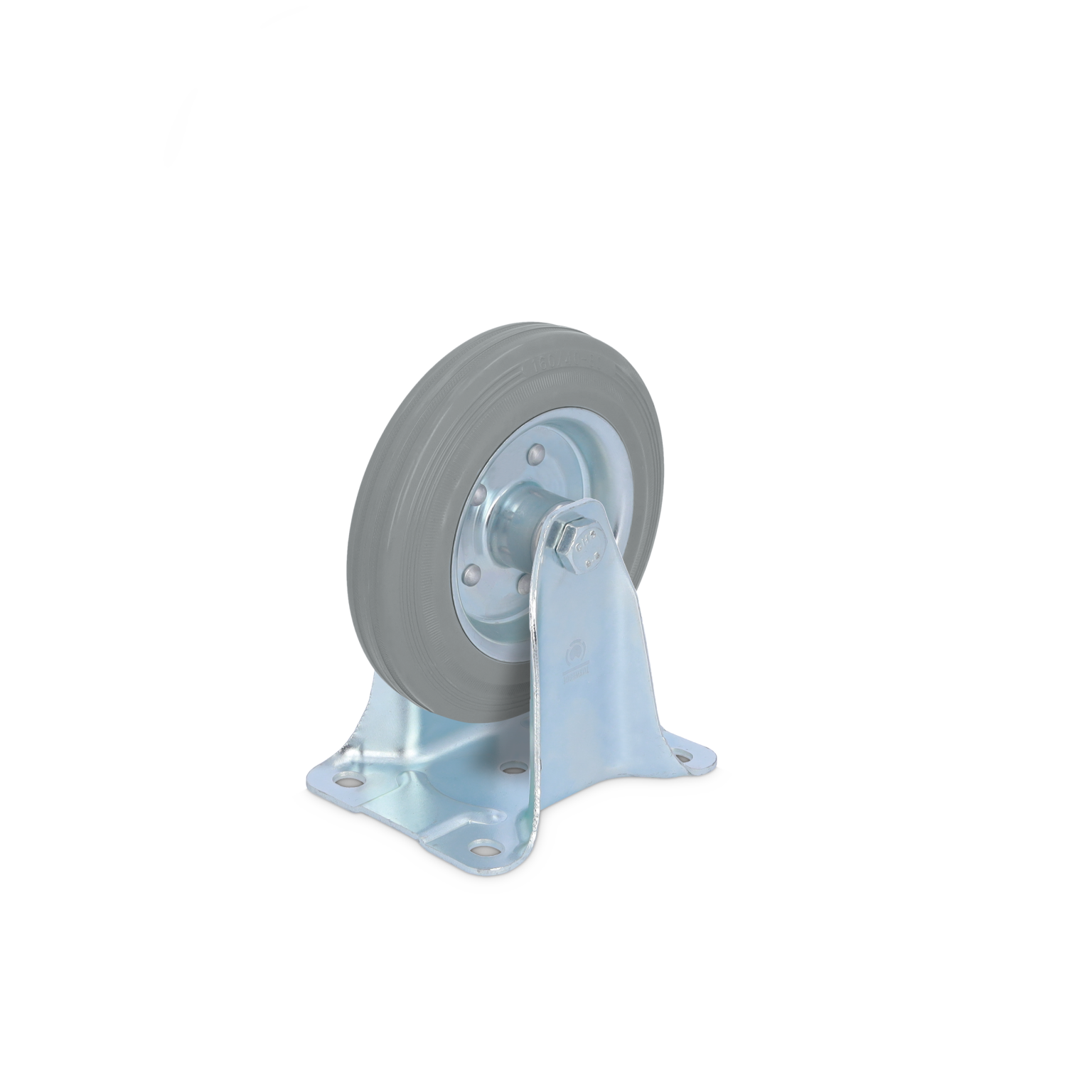 A gray rubber caster wheel is mounted on a metallic bracket. The bracket has a flat base with multiple holes for secure attachment. The background is plain, enhancing the focus on the wheel and bracket assembly.