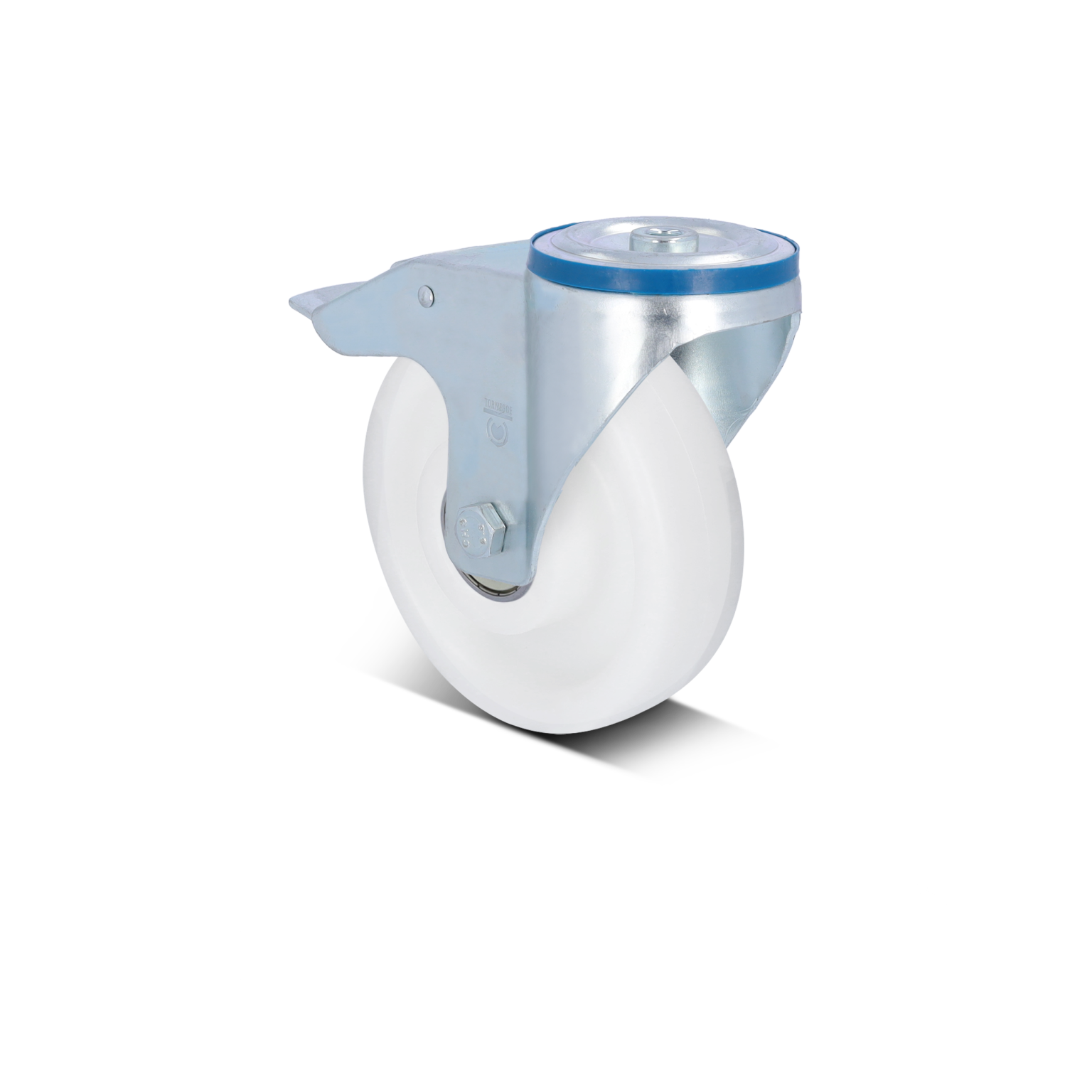 A swivel caster features a white plastic wheel with a silver metal mounting bracket. The mounting includes a top plate with a bolt, positioned for potential attachment to a structure or equipment.