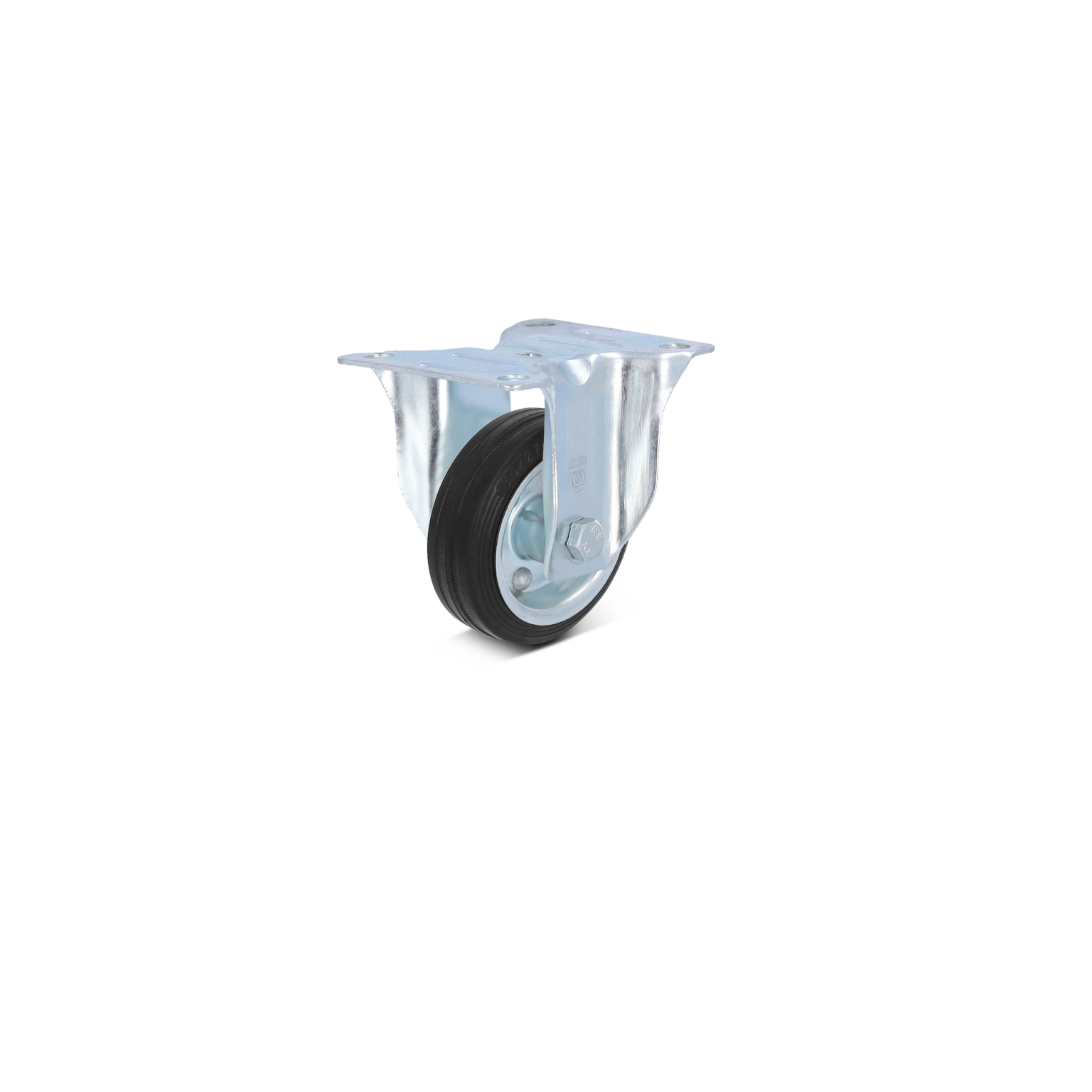 A metal swivel castor with a black rubber wheel is shown. It features a shiny, metallic mounting plate with multiple bolt holes for secure attachment. The castor is positioned upright against a plain background.