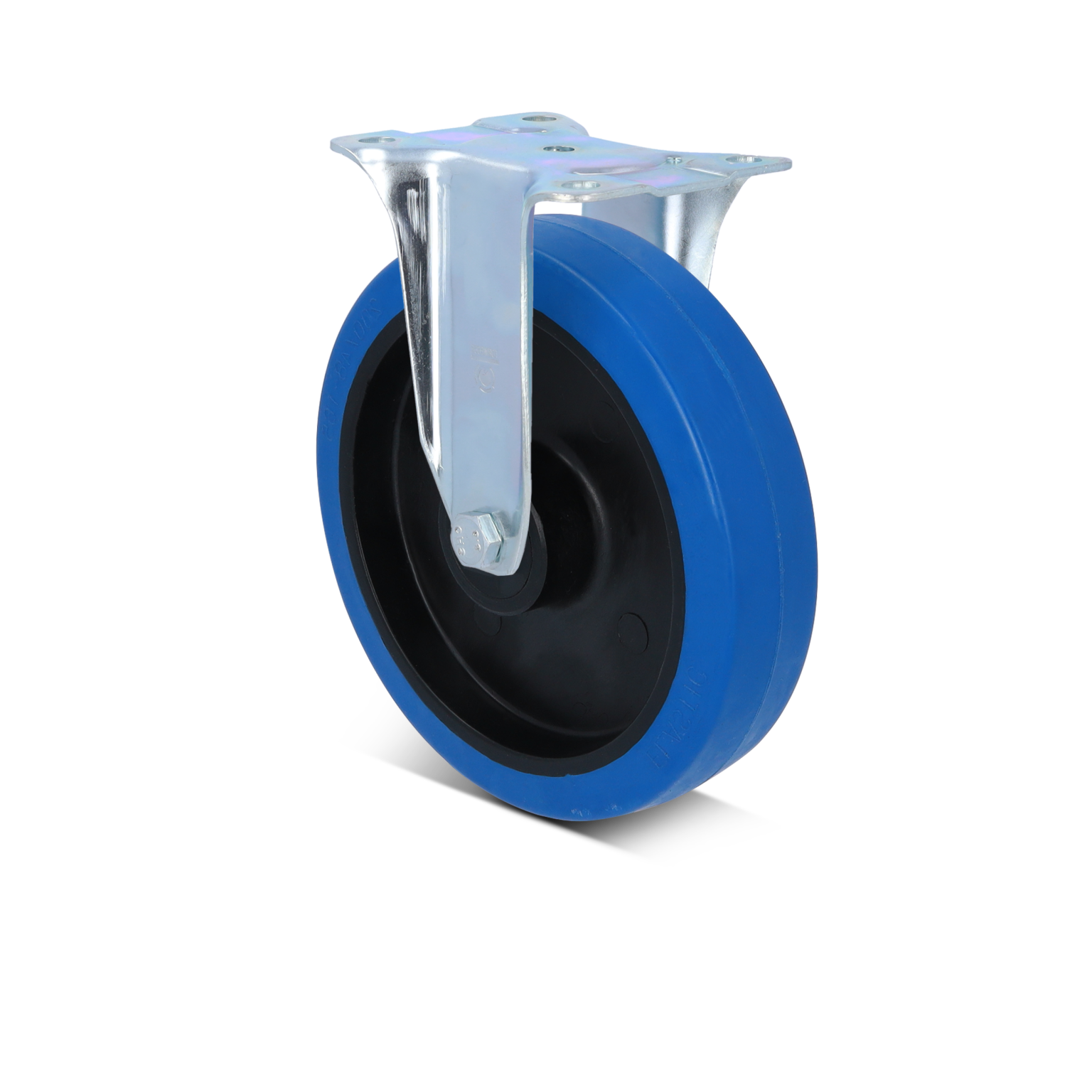 A blue industrial wheel with a black center is mounted on a silver metal plate, showcasing the attachment for easy installation. The background is plain black, emphasizing the wheel-s features.
