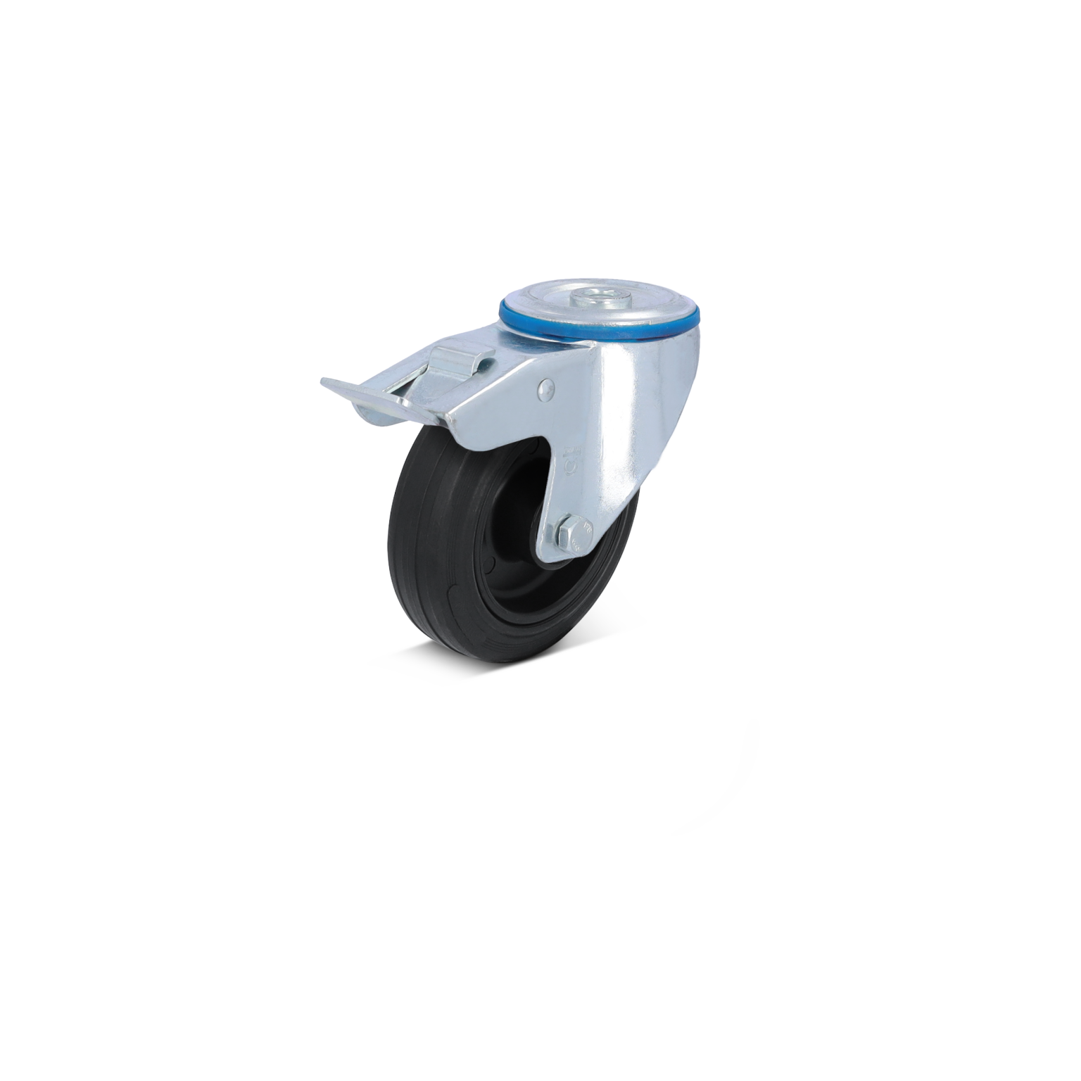 Zwarte rubberen wiel met een metalen bevestigingsplaat en een blauwe rand. Het wiel is schuin gepositioneerd op een witte achtergrond, geschikt voor gebruik in transporttoepassingen.