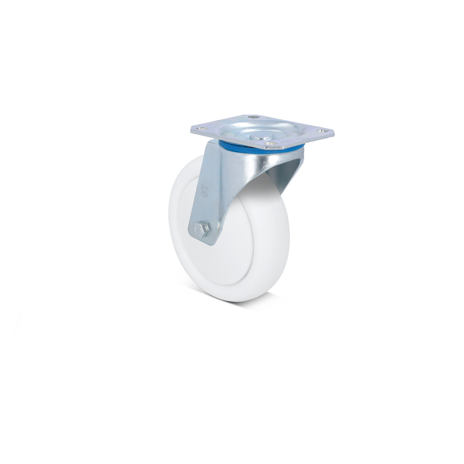 A white industrial wheel is mounted on a metal bracket with a blue rubber spacer. The bracket features a square base plate with four mounting holes, positioned against a neutral background.