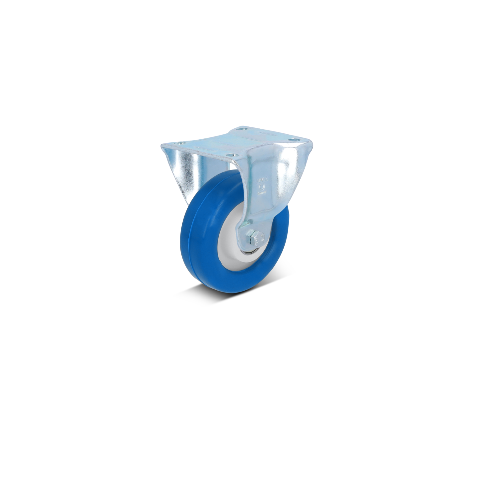 Zijwiel met een blauwe rubberen band en een metalen bevestigingsplaat. Het wiel heeft een witte binnenring en is ontworpen voor gebruik in industriële toepassingen. Achtergrond is zwart.