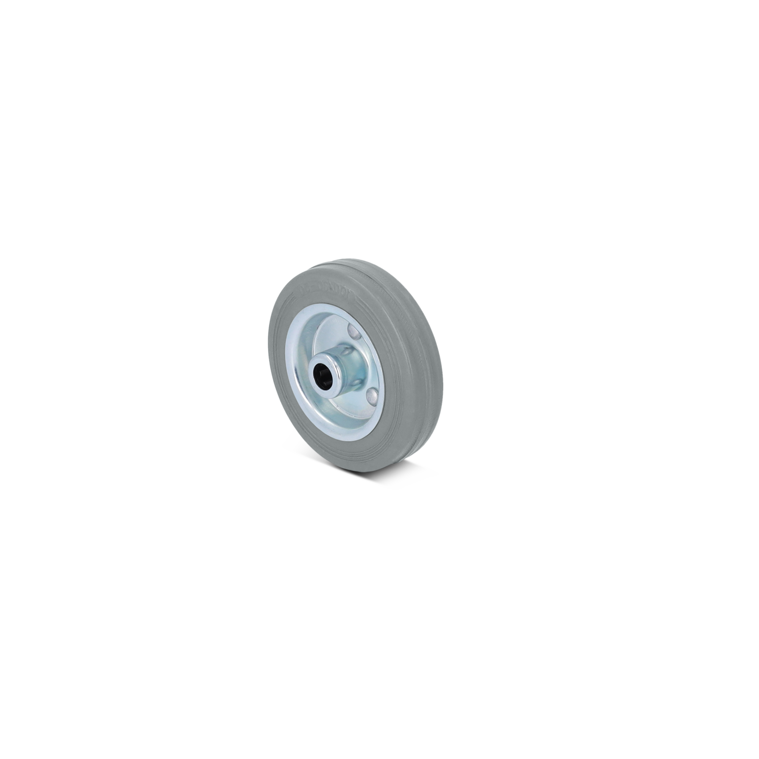 Grijze industriewiel met een metalen velg, gelagerd in het midden en ideaal voor gebruik in transporttrolleys of palletwagens. Het is eenvoudig gepositioneerd tegen een effen achtergrond.