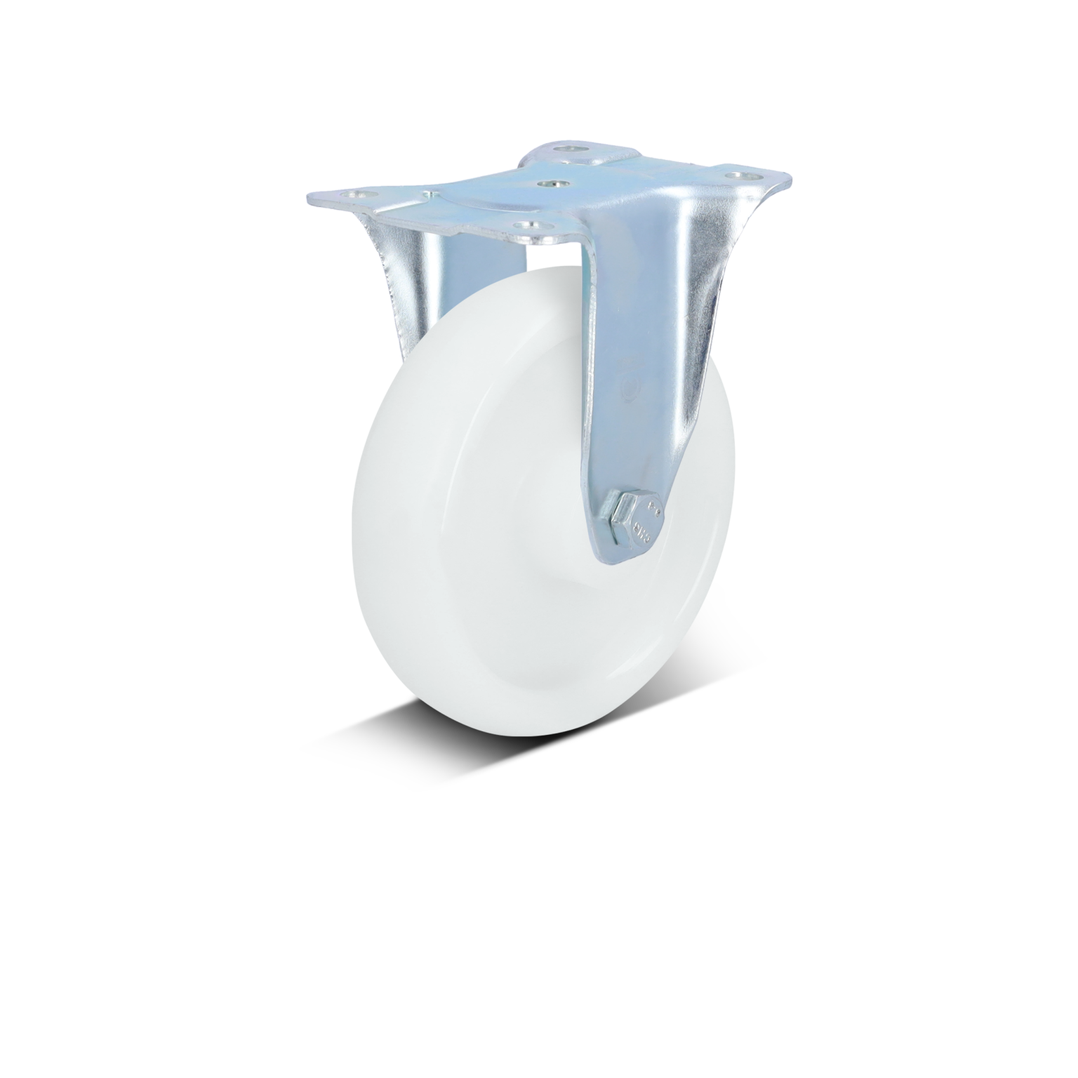 A white wheel with a shiny metal mounting plate is positioned upright. The wheel features a smooth surface, while the mounting plate has holes for secure attachment, set against a plain background.
