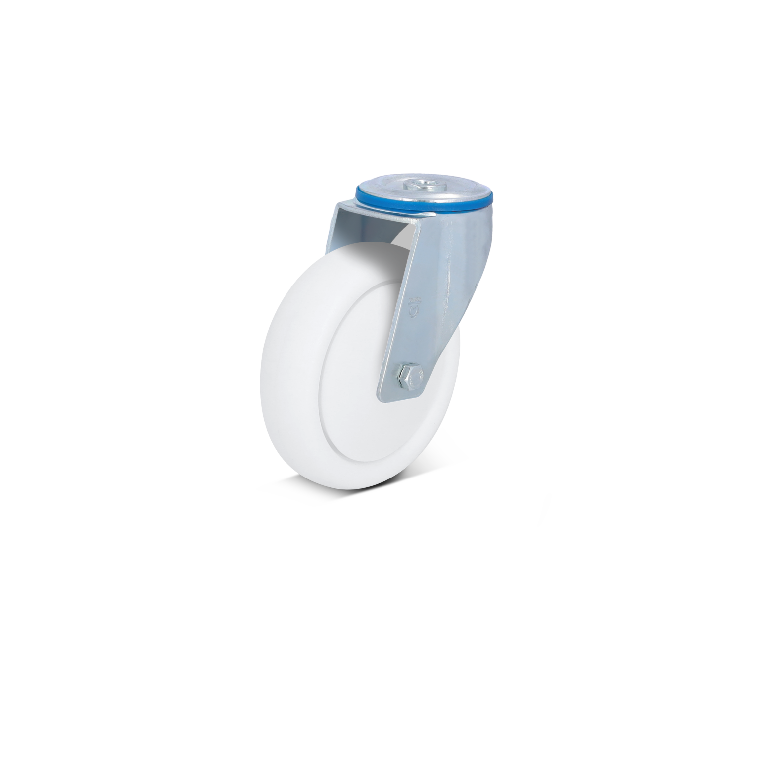 A white industrial wheel mounted on a metallic bracket. The wheel features a smooth surface and a metal attachment with a bolt on top. The background is plain, emphasizing the component.