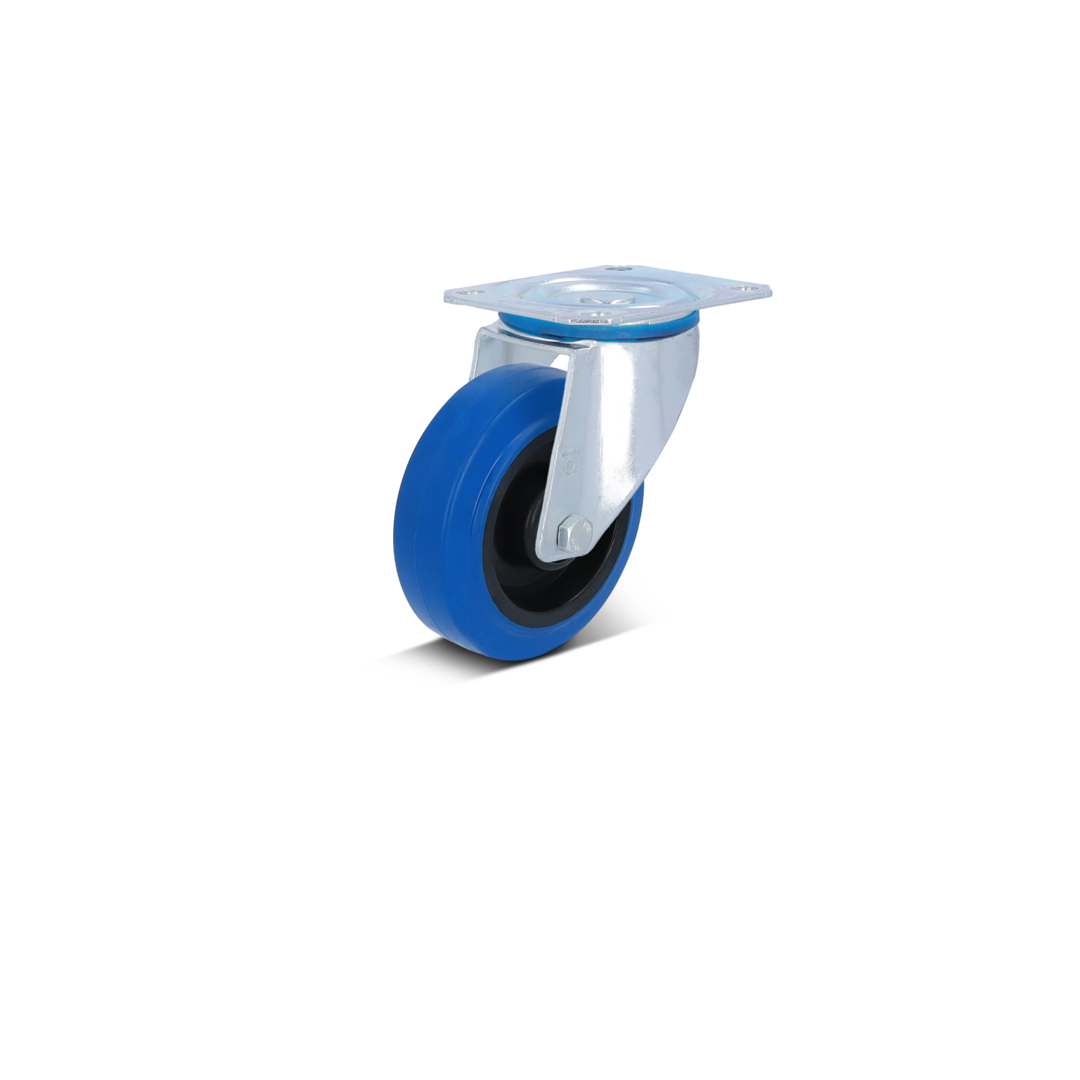 A blue industrial castor wheel features a soft tread and a metallic mounting plate. It is positioned upright against a blank background, designed for ease of movement in material handling applications.