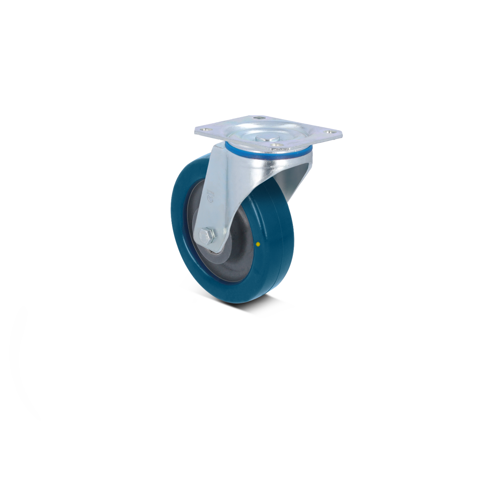 Een zwenkwiel met een metalen montageplaat en een blauwe rubberen band. Het wiel is stevig bevestigd en heeft een glanzende afwerking. De achtergrond is neutraal en onopvallend.