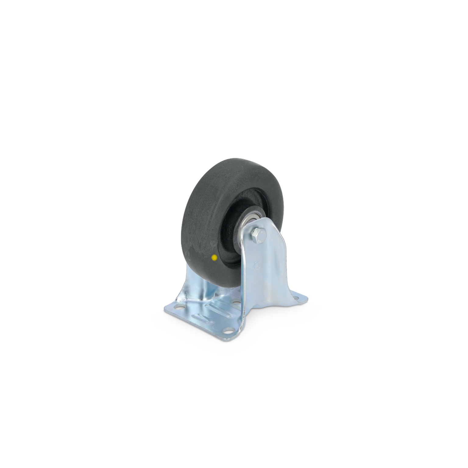 Zwenkwiel met een zwarte rubberen band en een metalen bevestigingsplaat. Het wiel is geïnstalleerd in een staande positie, gericht naar de voorkant. De omgeving is neutraal en onopvallend.