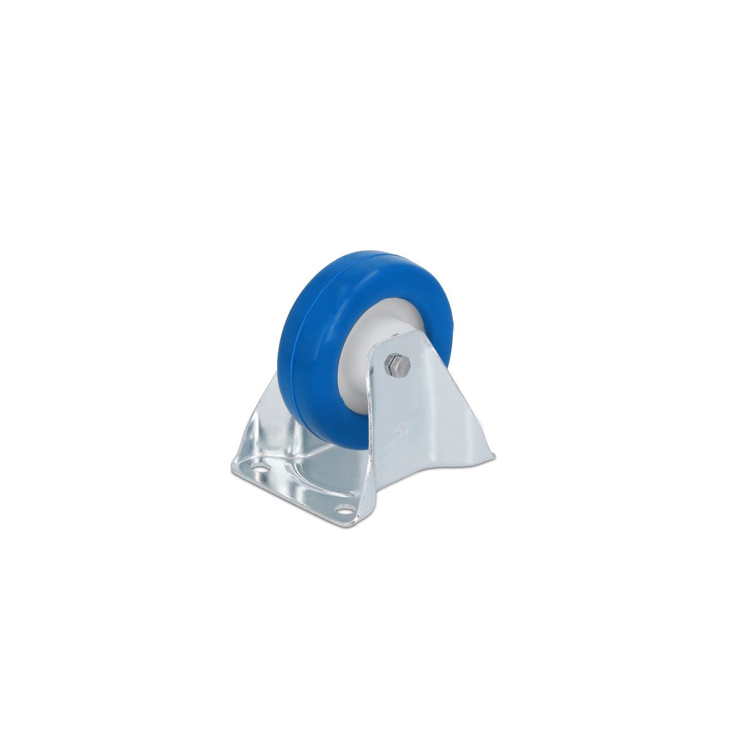 A blue rubber wheel mounted on a metallic swivel plate. The wheel features a central white hub and is positioned upright against a black background, suitable for various transport applications.
