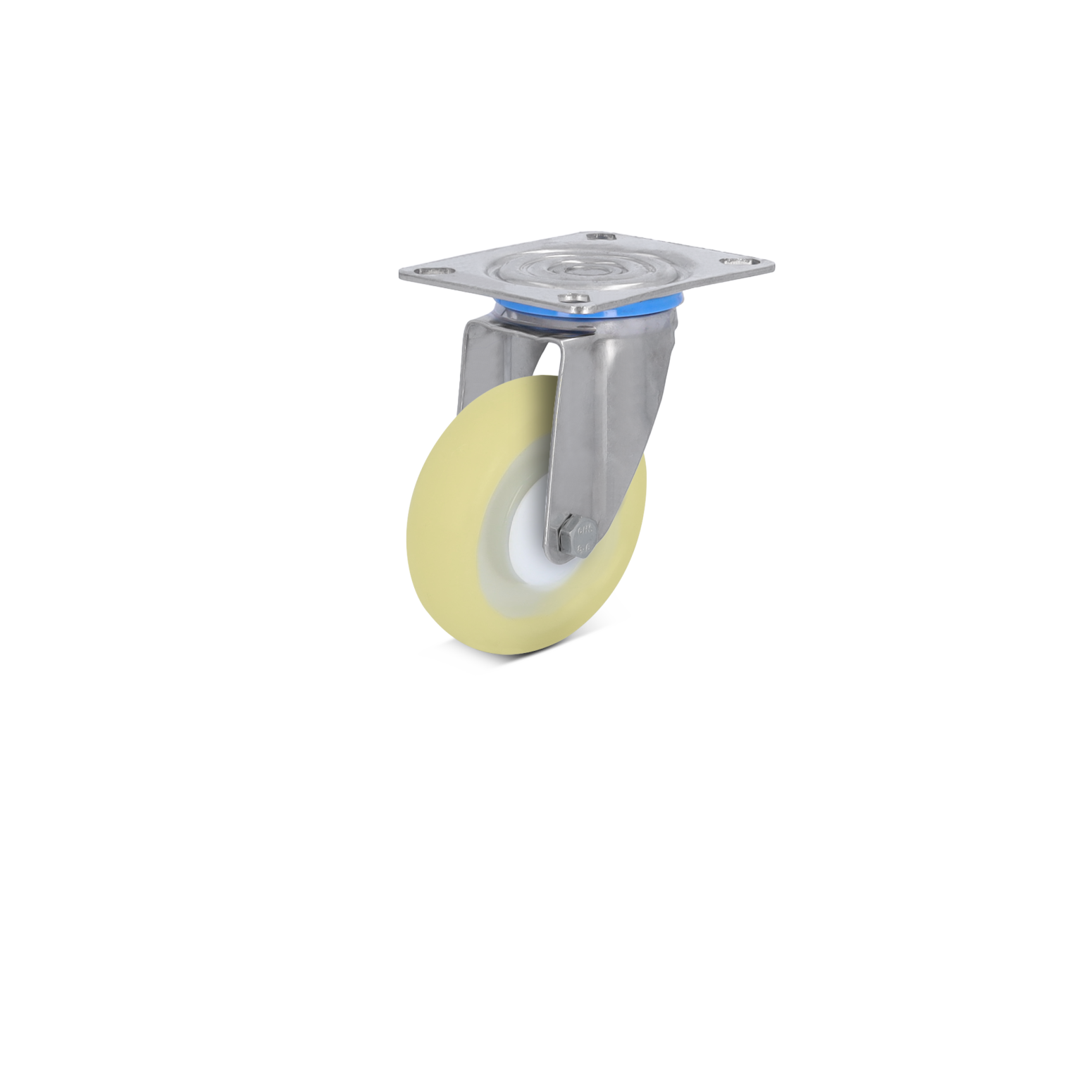 Ein grauer Metallplattencaster mit einer gelben, gummierten Rolle. Der Caster hat eine solide Lagerung und befindet sich in einer neutralen Umgebung, die die industrielle Anwendung betont.