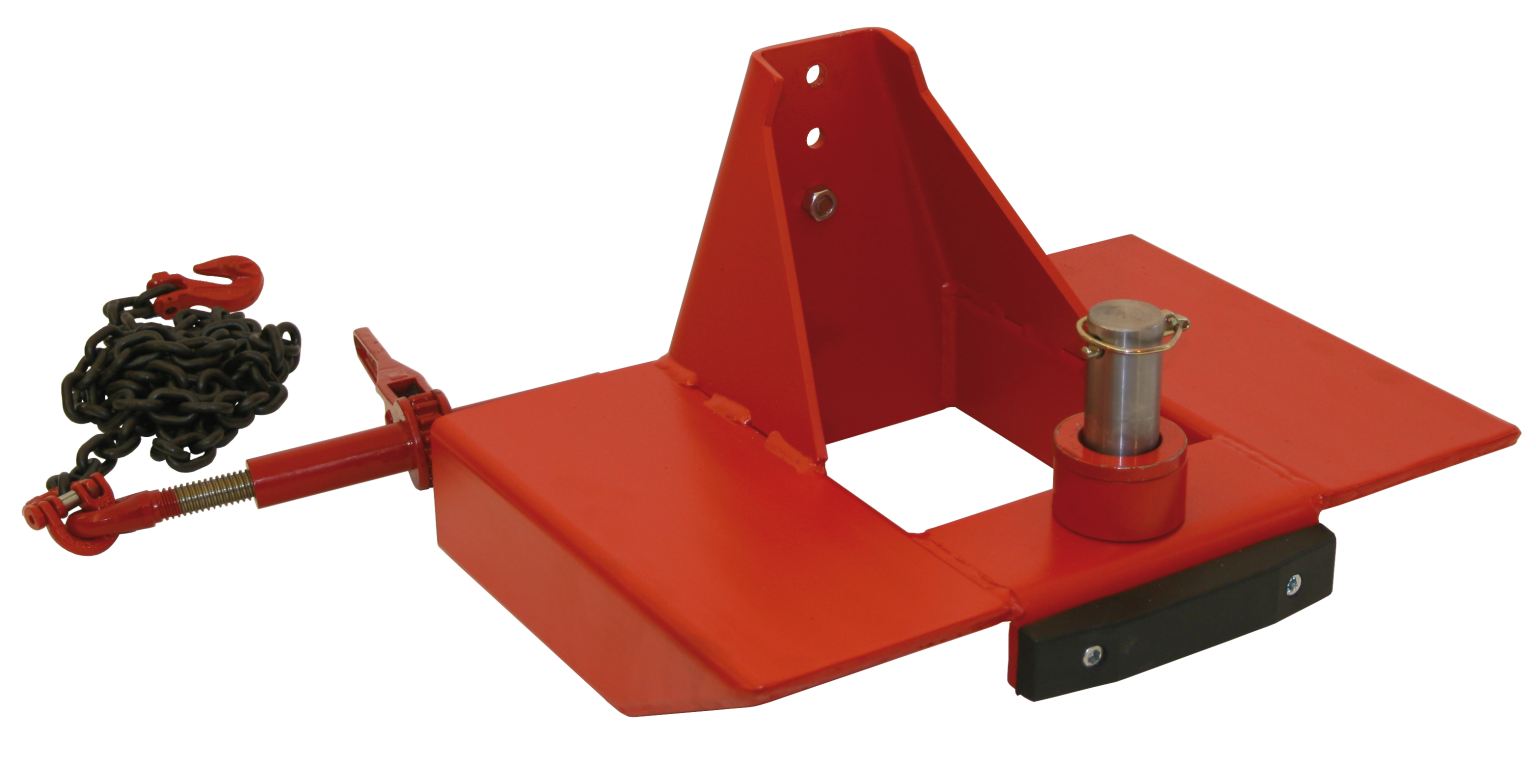 A red lifting device features a sturdy base with an attached hook and chain. The compact design includes a central cylindrical mechanism and a plate, suitable for lifting or securing heavy loads in industrial settings.