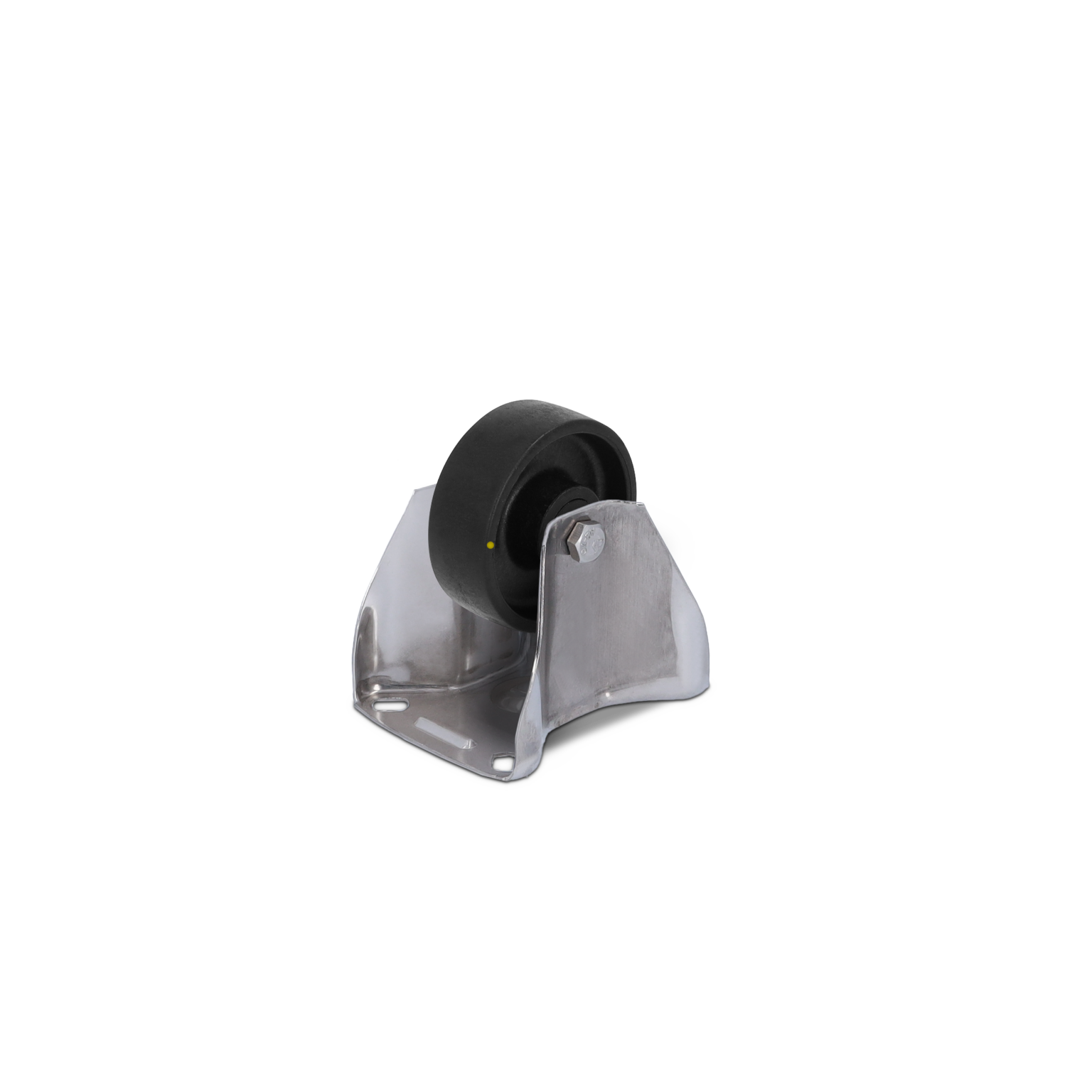 Schwenkrad mit schwarzem Gummirollenprofil, montiert auf einer silbernen Metallbasis. Das Rad ist schwenkbar gelagert und wird in einem neutralen Hintergrund präsentiert.