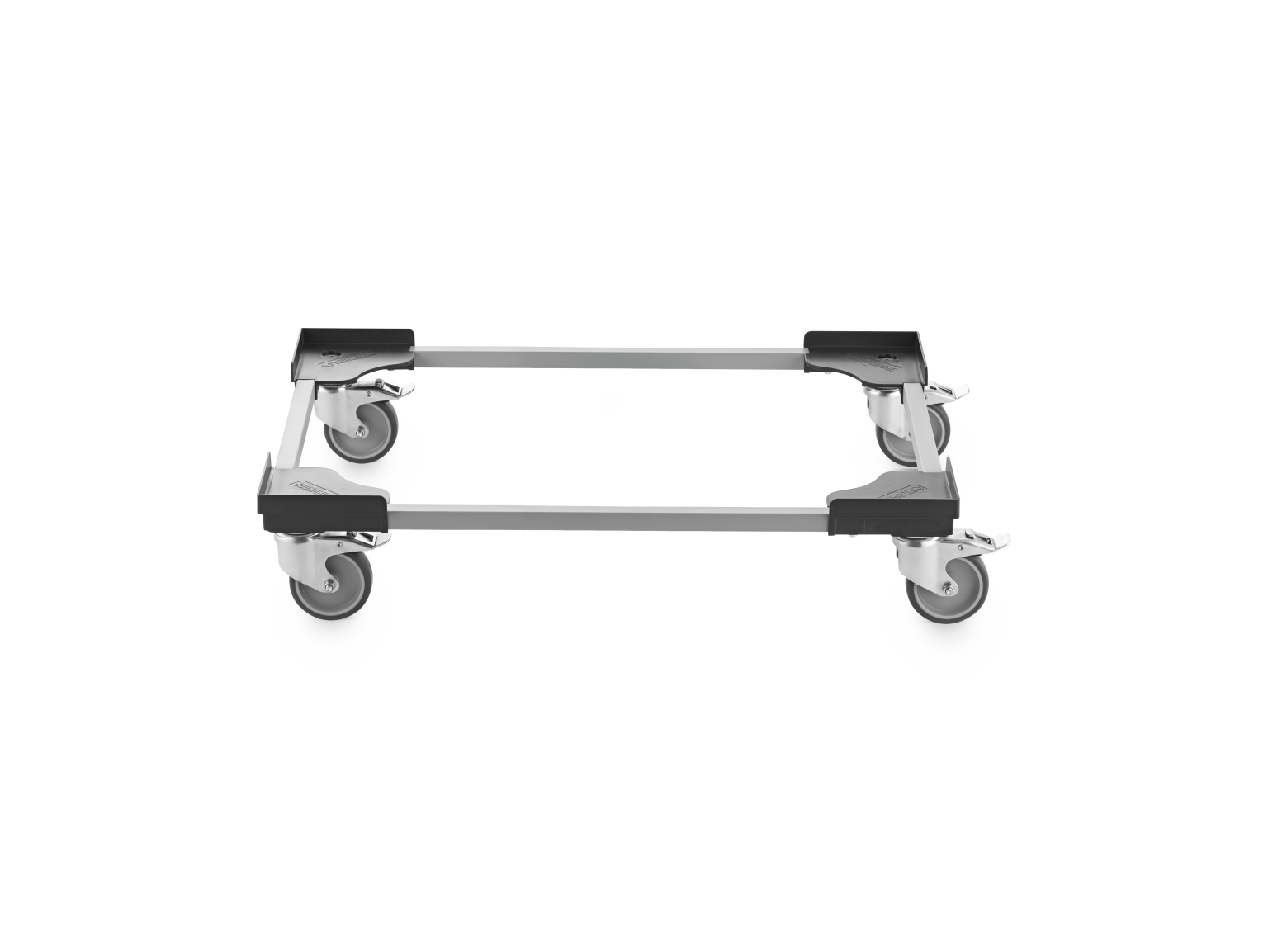 A transport trolley features a rectangular metal frame with four swivel castors. The frame is designed for mobility, showcasing a sturdy construction and smooth-rolling wheels. It has a minimalistic design against a plain background.