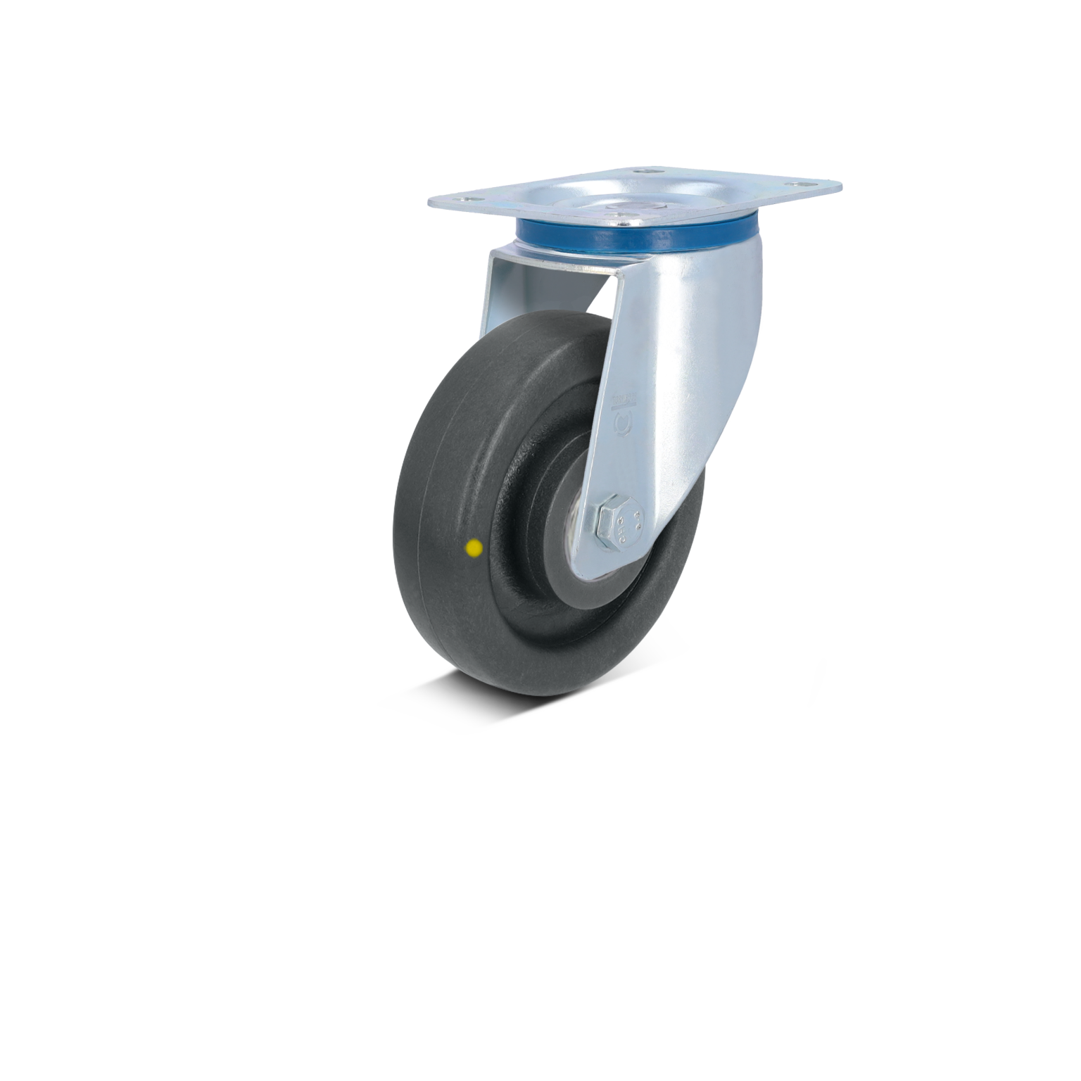 Zwart rubberen wiel met een metalen beugel, bevestigd met een montageplaat. Het wiel heeft een diameter van ongeveer 10 cm en een gladde, ronde oppervlakte. De achtergrond is wit.
