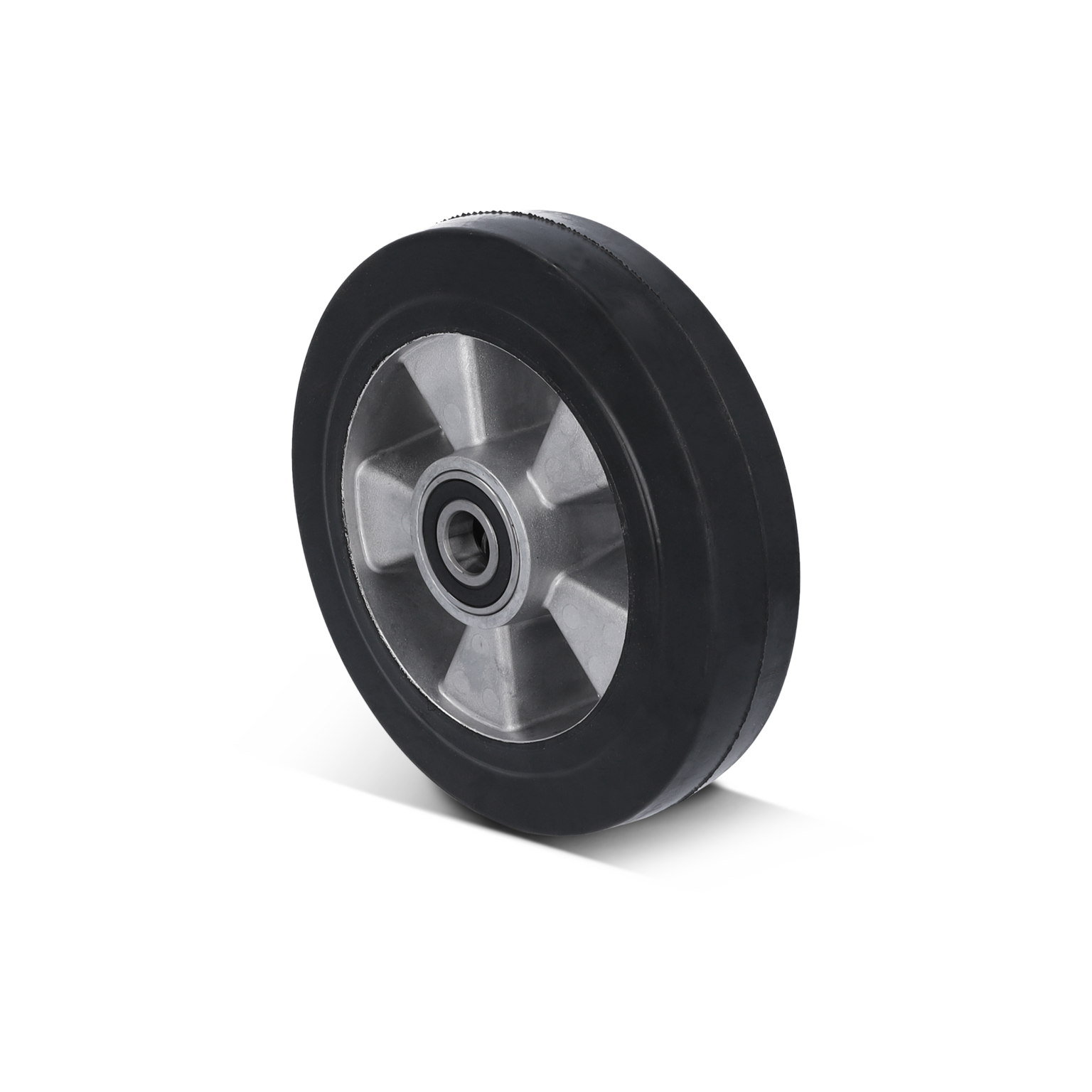 Rubber wiel met een metalen wielnaaf, voorzien van een centrale lager. Het heeft een gladde rand en een stevige constructie, geschikt voor industriële toepassingen. Achtergrond is onduidelijk.