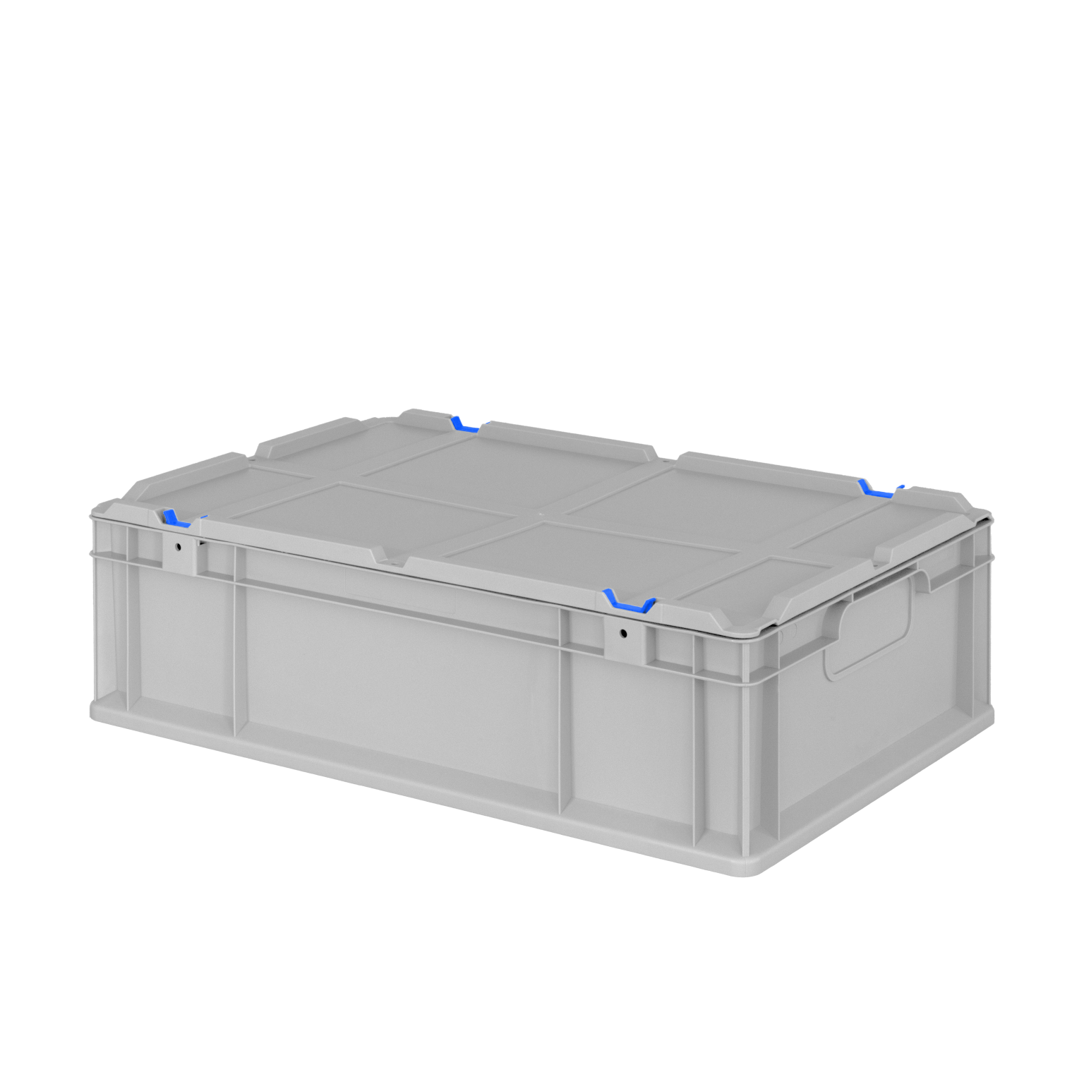 A gray plastic storage box is positioned slightly off-center. It features a flat lid with blue accents on the corners and side handles for easy carrying. The background is plain.