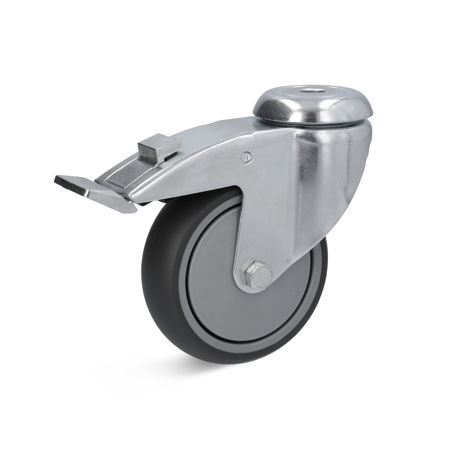 Zwenkwiel met een metalen frame en een rubberen band. Het heeft een beveiligingshoek voor blokkering en is ontworpen voor gebruik op transportmateriaal in industriële omgevingen.