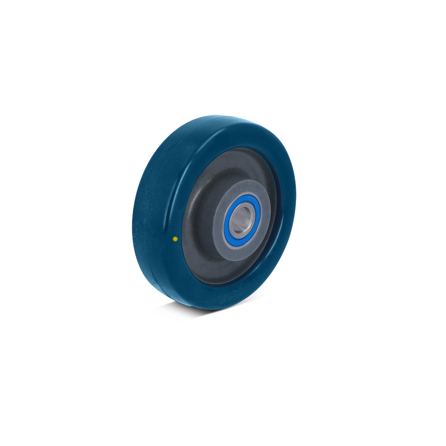 Een industrial wieltje met een blauwe buitenrand en een zwart rubberen deel in het midden. Het wieltje heeft een zichtbare lagerschacht en is tegen een lichte achtergrond geplaatst.