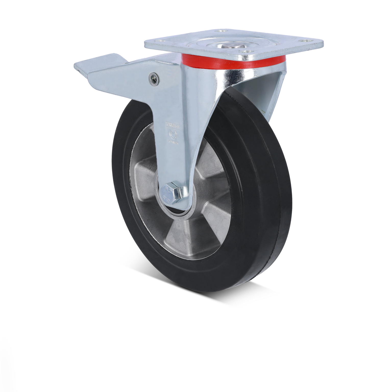 Een zwenkwiel met een metalen montagesteun, voorzien van een rubberen band en een aluminium velg. Het wiel is ontworpen voor gebruik in industriële omgevingen en is geschikt voor diverse toepassingen.