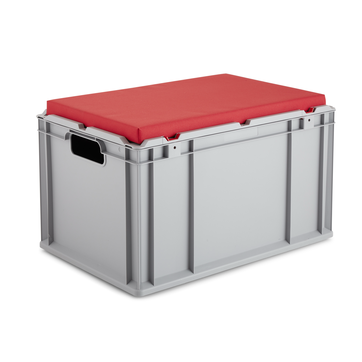 Graue Kunststoffbox mit einem roten, gepolsterten Deckel. Sie hat seitliche Griffe und ist stabil konstruiert, geeignet für Lagerung oder Transport von Materialien.