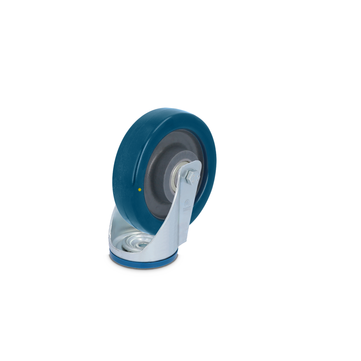 Zwenkwiel met een blauwe rubberen band en een metalen houdersysteem. Het wiel is gepositioneerd voor een rechtopstaande aanblik, met een glanzende afwerking. Achtergrond is neutraal en lichtgekleur-d.