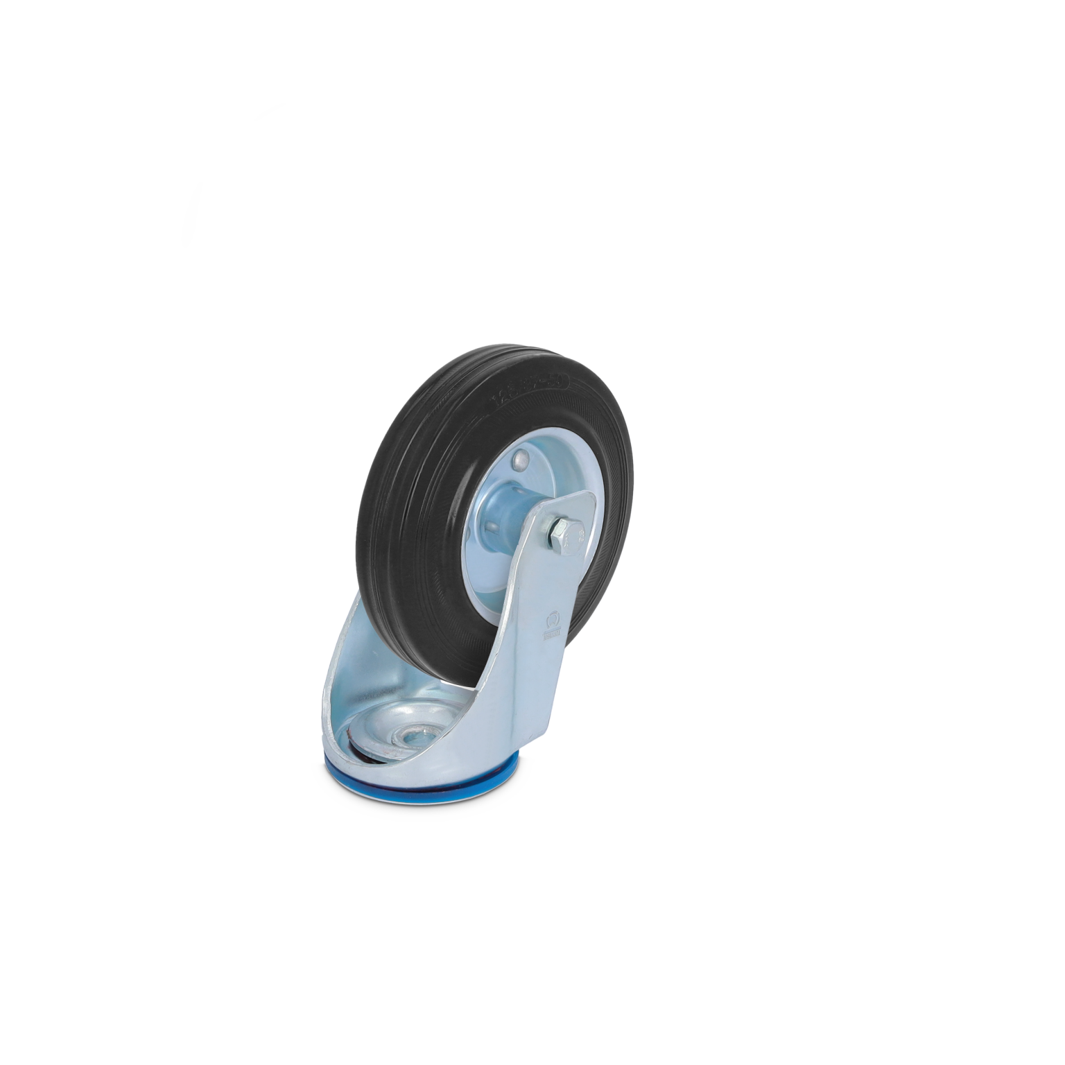 Een zwenkwiel met een zwart rubberen band en een metaalbeugel. Het wiel is geplaatst op een metalen basis met een blauwe schijf. De achtergronden zijn neutraal en onopvallend.