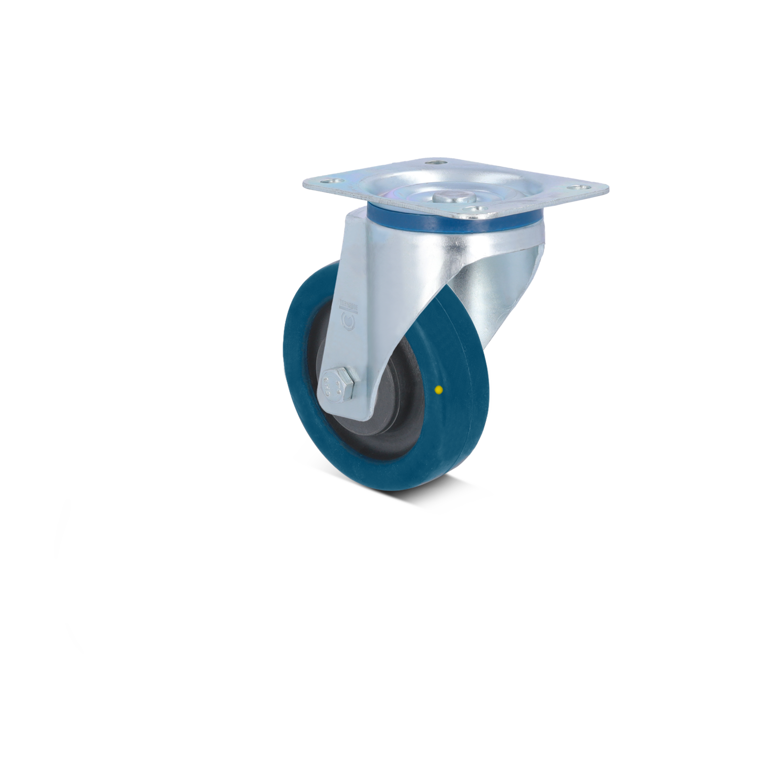 Zwenkwiel met een stalen montageschijf, uitgevoerd in blauw rubber met een zwarte binnenkant. Het is gekanteld gepositioneerd op een heldere achtergrond, ideaal voor gebruik in intralogistiek.
