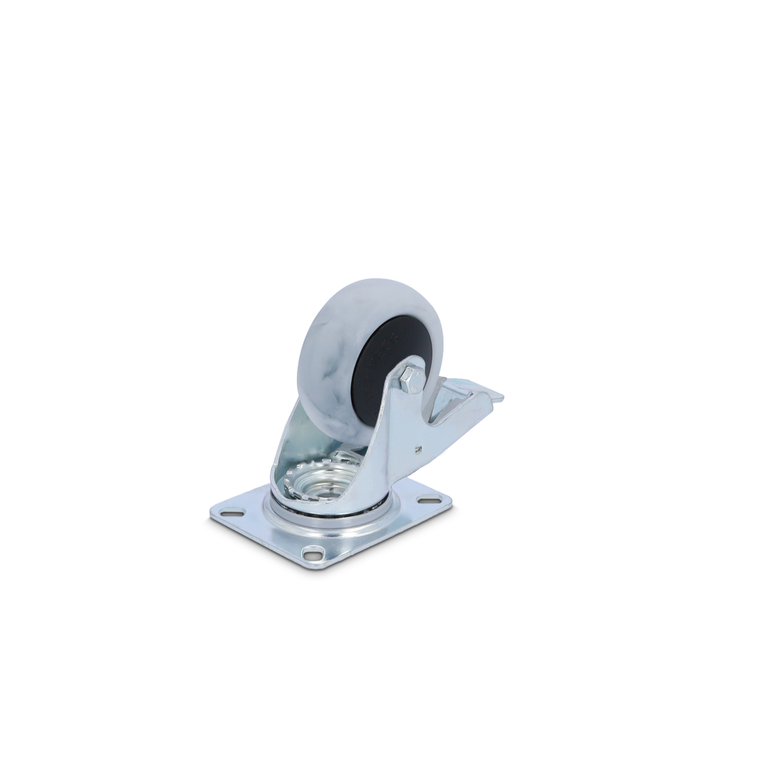 Ein gebremster Industrie-Rollenstuhl aus Metall mit einem grauen Rad. Das Rad ist mit einem dunklen Gummi ummantelt. Der Rollenstuhl hat einen quadratischen Montageplatte, die stabil ist und in einer neutralen Umgebung präsentiert wird.