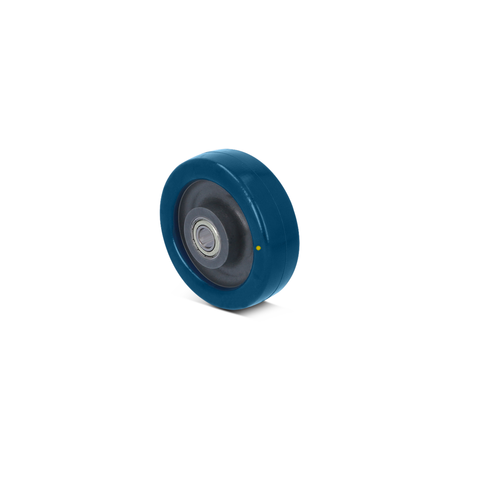 Blauwe industriële wiel met een rubberen band en een stalen lager in het midden. Het wiel staat rechtop en is zichtbaar op een neutrale achtergrond.
