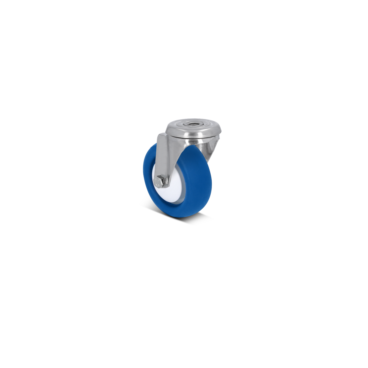 Een blauwe zwenkwiel met een metalen bevestiging. Het wiel heeft een witte kern en is duidelijk gepositioneerd tegen een zwarte achtergrond. Het materiaal lijkt duurzaam en geschikt voor industriële toepassingen.