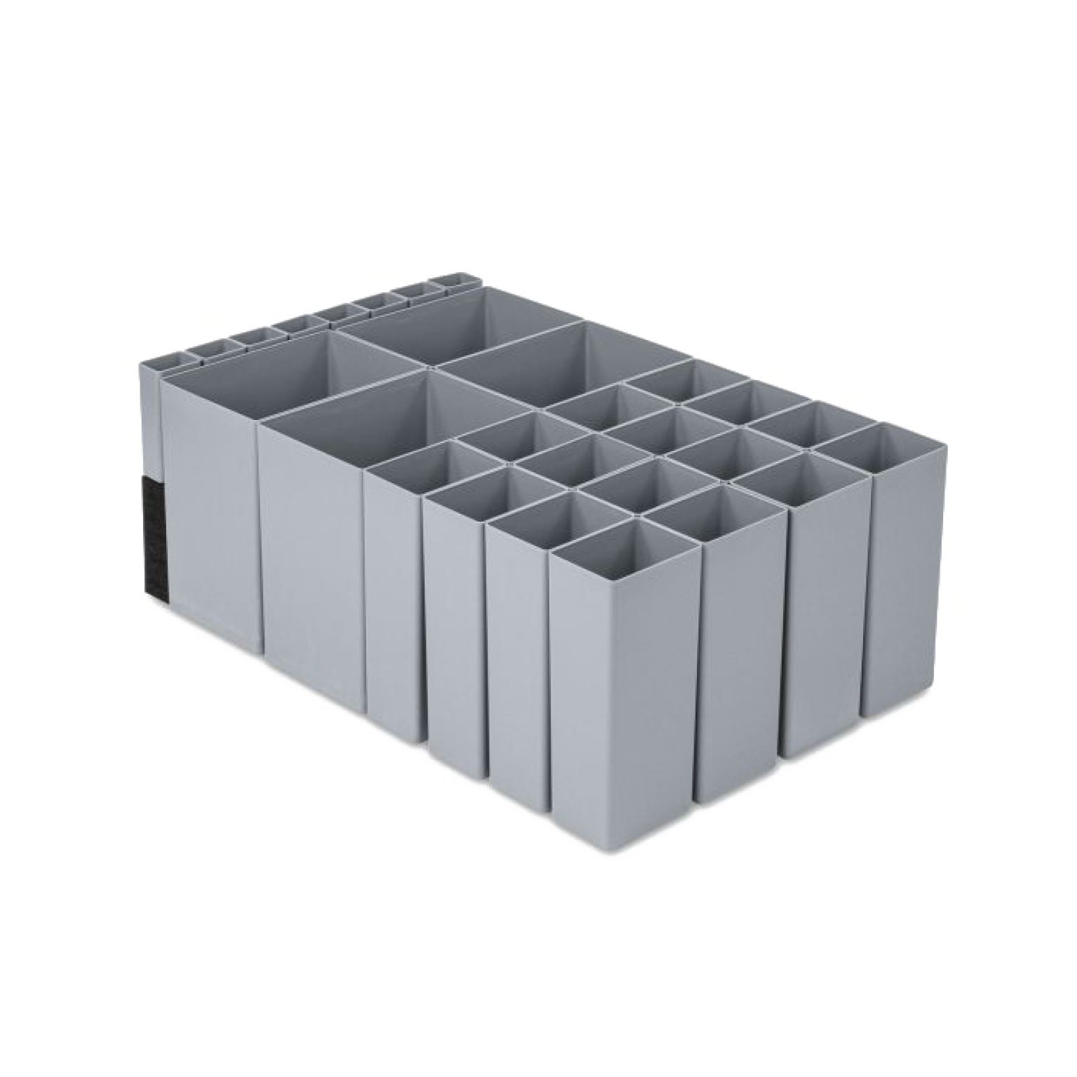 A gray plastic storage organizer with multiple compartments, featuring various sized sections for holding small items. It has a flat base and a clean design, suitable for tool or part organization.