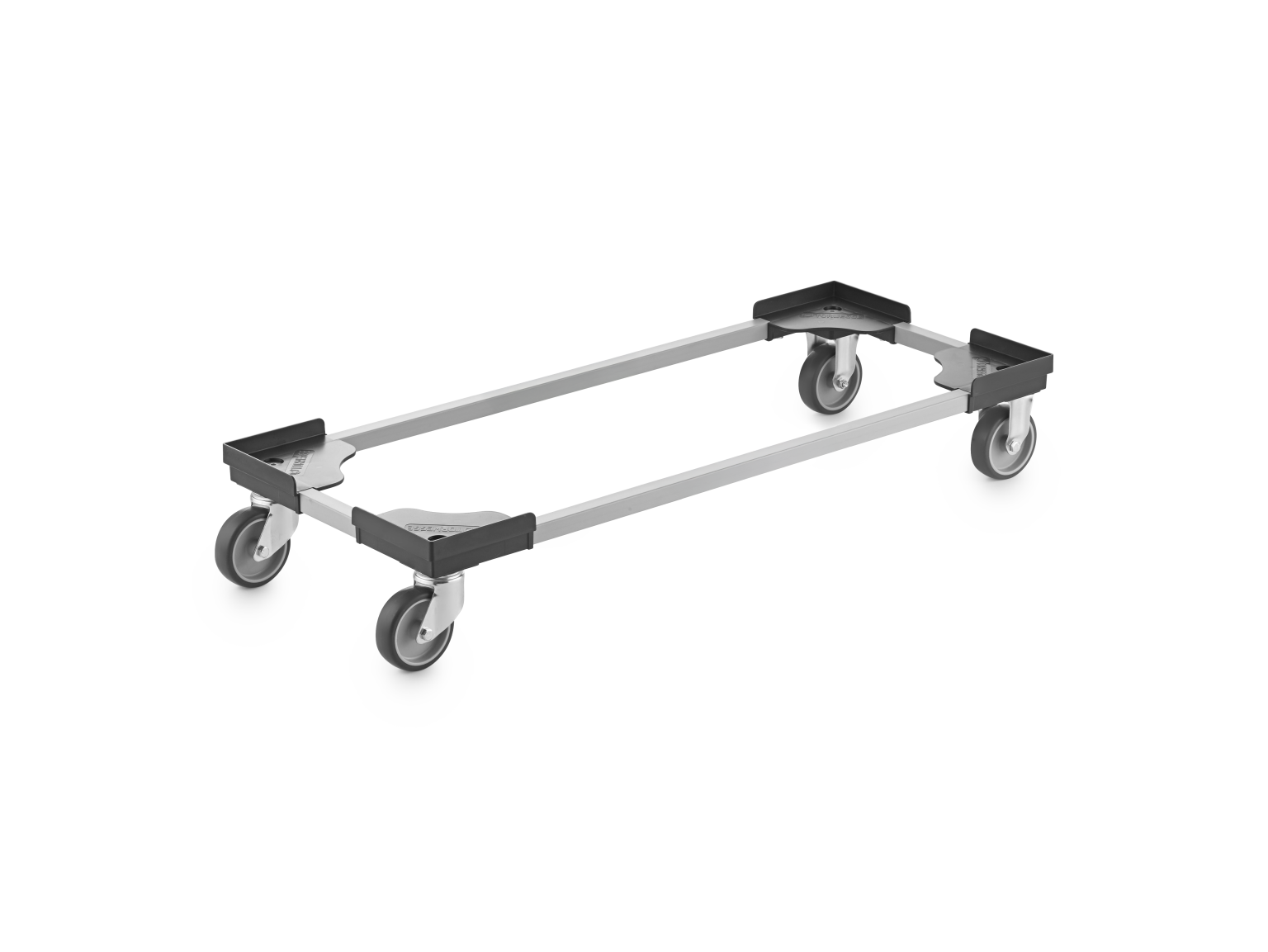 A rectangular transport trolley features a silver metal frame with four swivel castors at each corner. The castors are designed for mobility, suited for handling and moving loads in industrial settings.