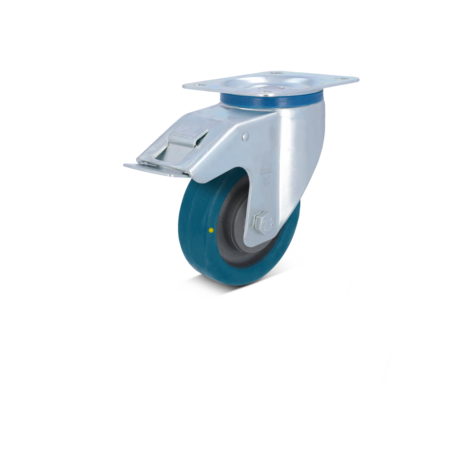 Zwenkwiel met een metalen montageplaat en een rubberen loopband. Het wiel is blauw met een grijze binnenzijde en een remmechanisme. Gepositioneerd op een witte achtergrond.