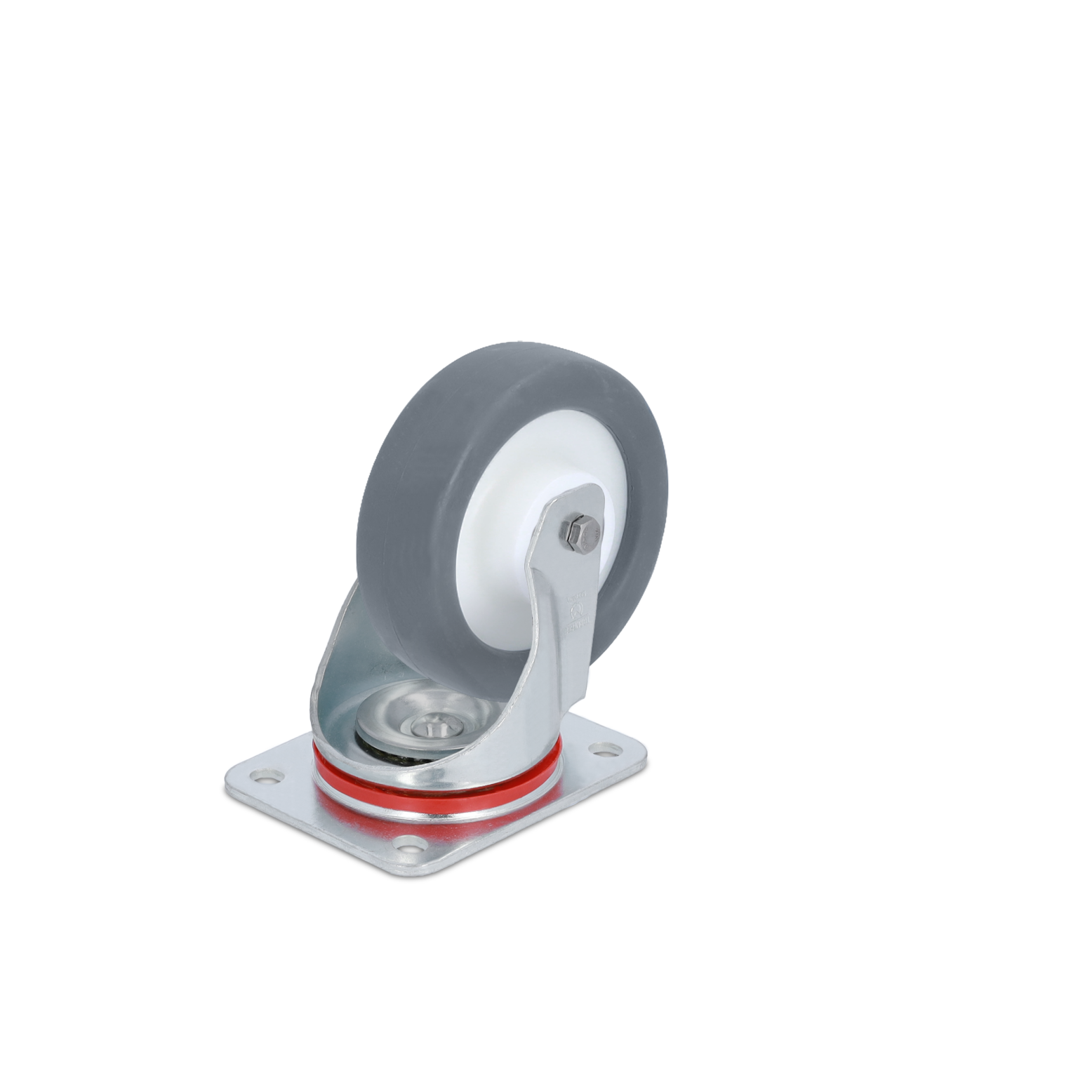 Grijs rubberen wiel met een witte binnenring, bevestigd aan een metalen beugel met montageplaat. Het is ontworpen voor gebruik in transport en logistiek. Een rode rubberen ring is zichtbaar rond de montageplaat.