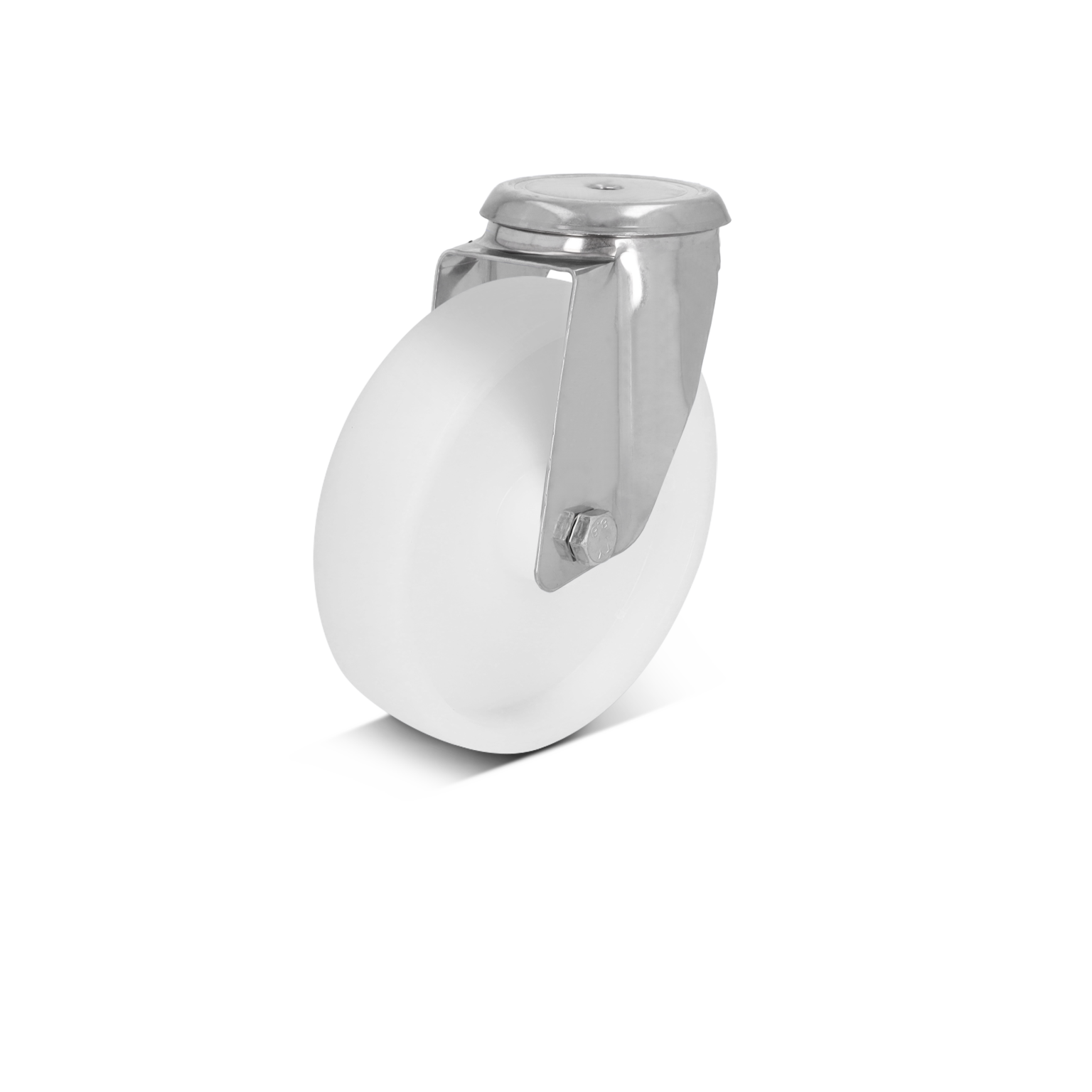 Een witte rubberen wiel met een chroomkleurige bevestiging. Het wiel is stevig gemonteerd en is ontworpen voor gebruik in industriële toepassingen, met een gladde, schone afwerking.