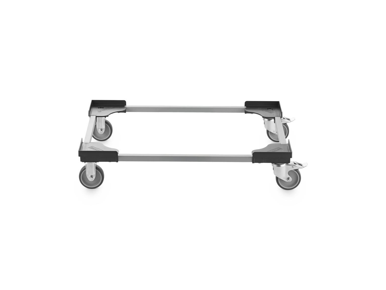 A transport trolley with a rectangular frame and mounted wheels is displayed. The frame has four corner supports with visible castor wheels, designed for easy movement. The background is plain.