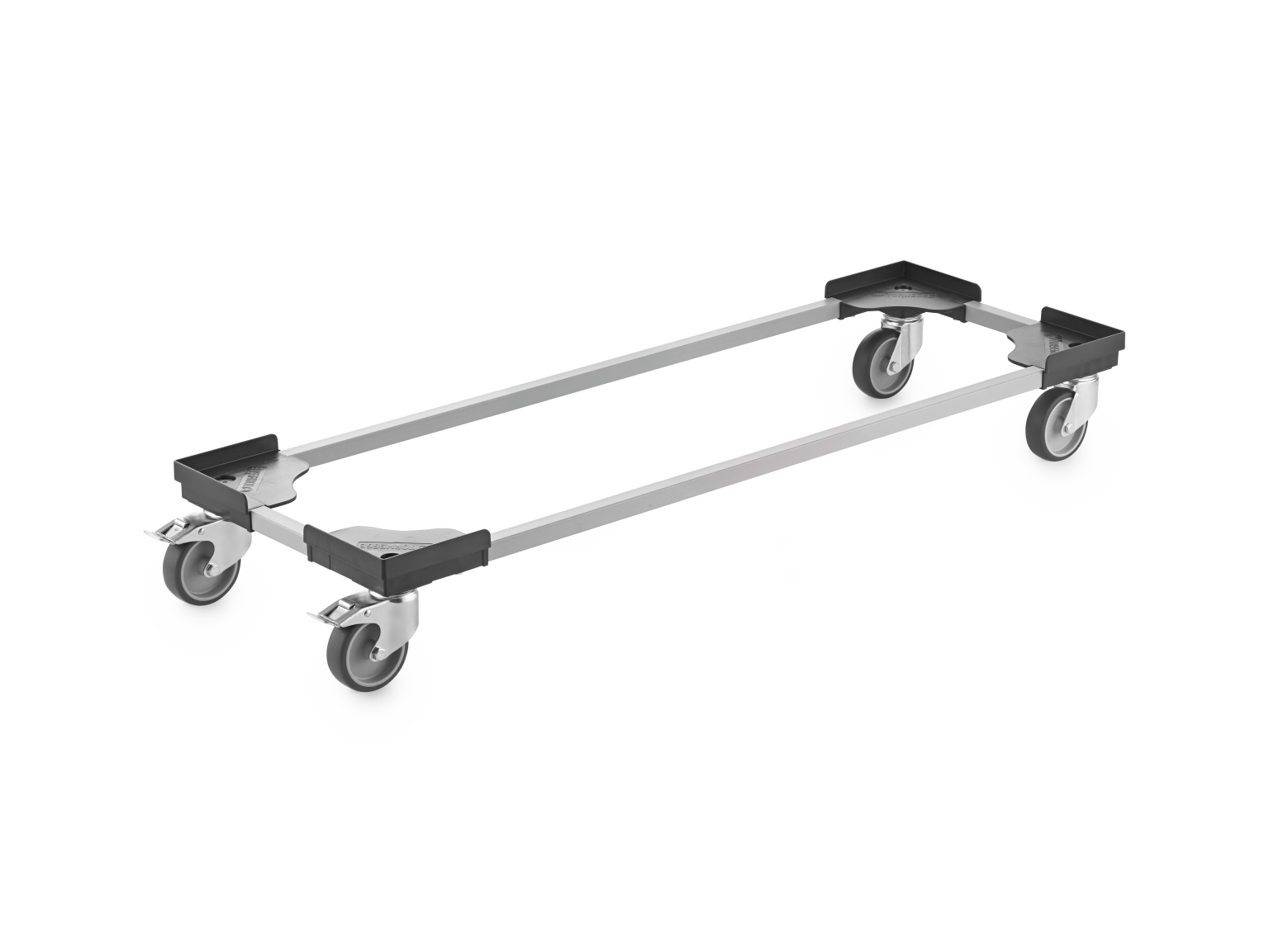 A transport trolley made of metal with four swivel castors. Each corner has a black plastic mount and is designed for mobility. The background is plain, emphasizing the trolley-s structure.