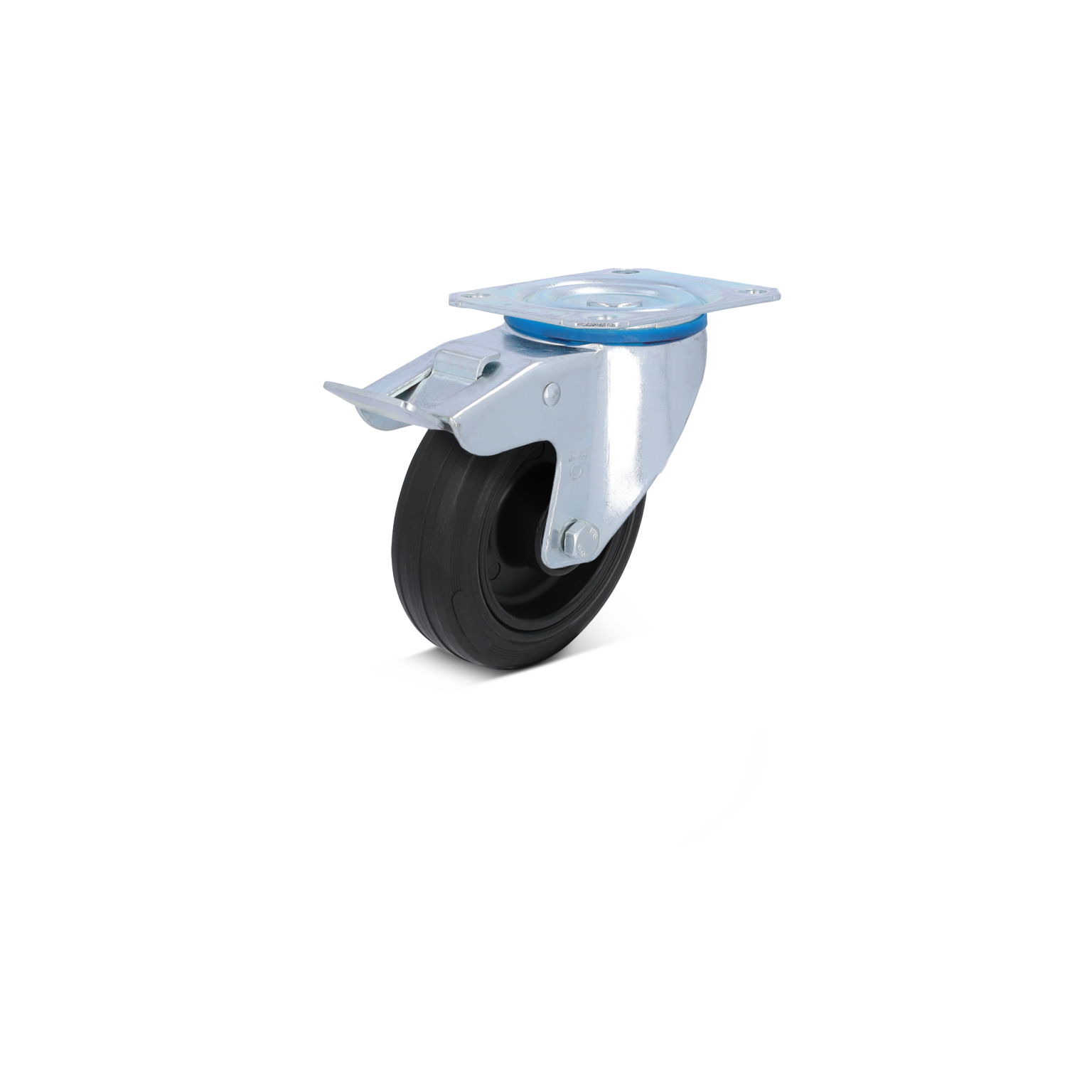 Zwenkwiel met een rubberen band en een metaalplaat voor bevestiging. Het wiel is bevestigd aan een beugel en bevindt zich op een neutrale witte achtergrond.