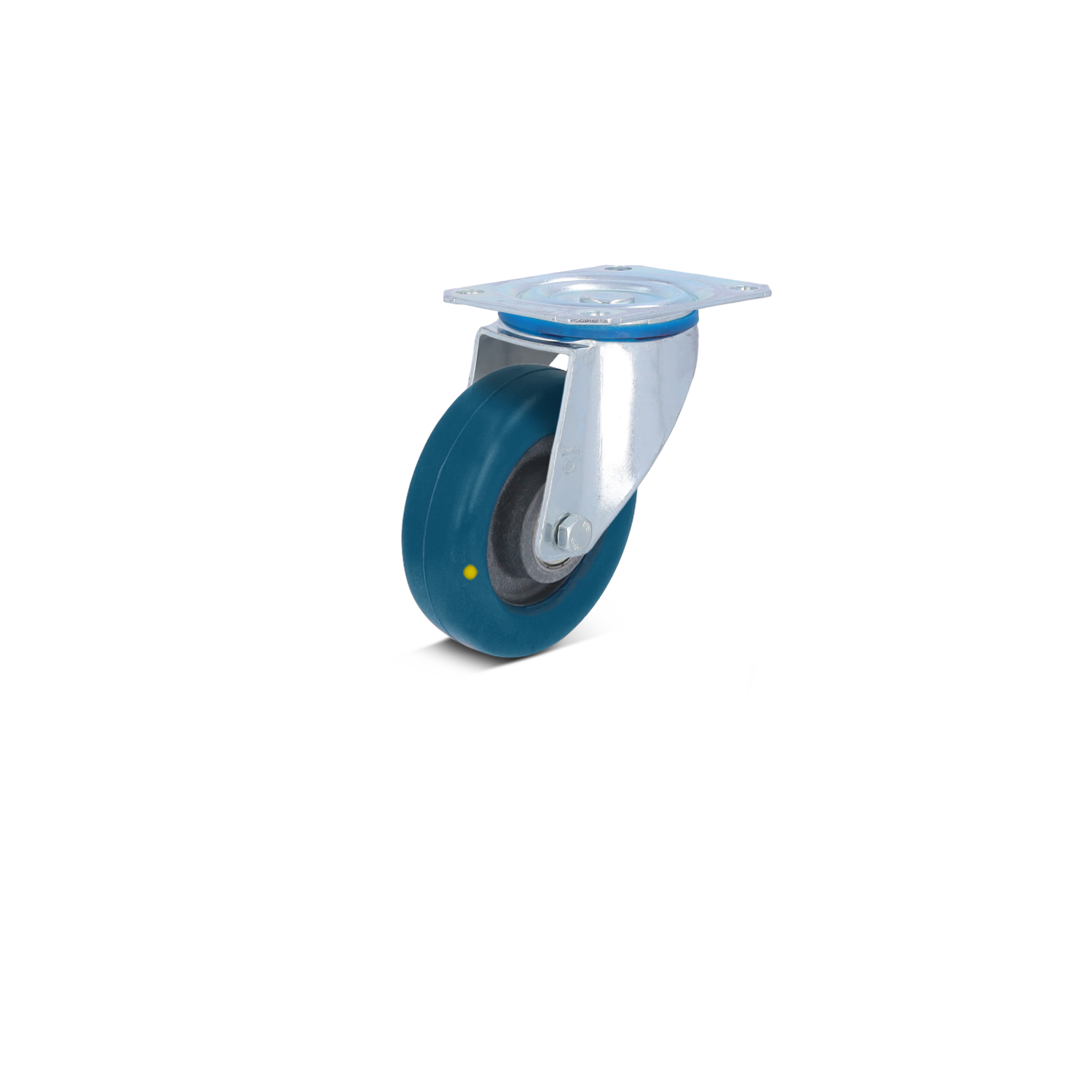 Zwenkwiel met een blauwe kunststof band en een metalen montageplaat. Het wiel is bevestigd aan een metalen behuizing, ontworpen voor gebruik in industriële toepassingen. Achtergrond is eenvoudig en onscherp.