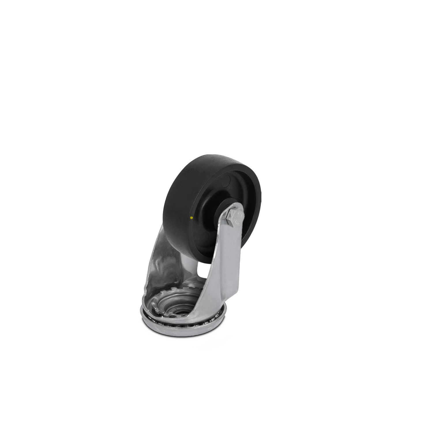 A black industrial wheel mounted on a metal swivel bracket. The wheel has a smooth surface and is designed for maneuverability. The bracket features a circular base with a bearing mechanism, isolated on a white background.